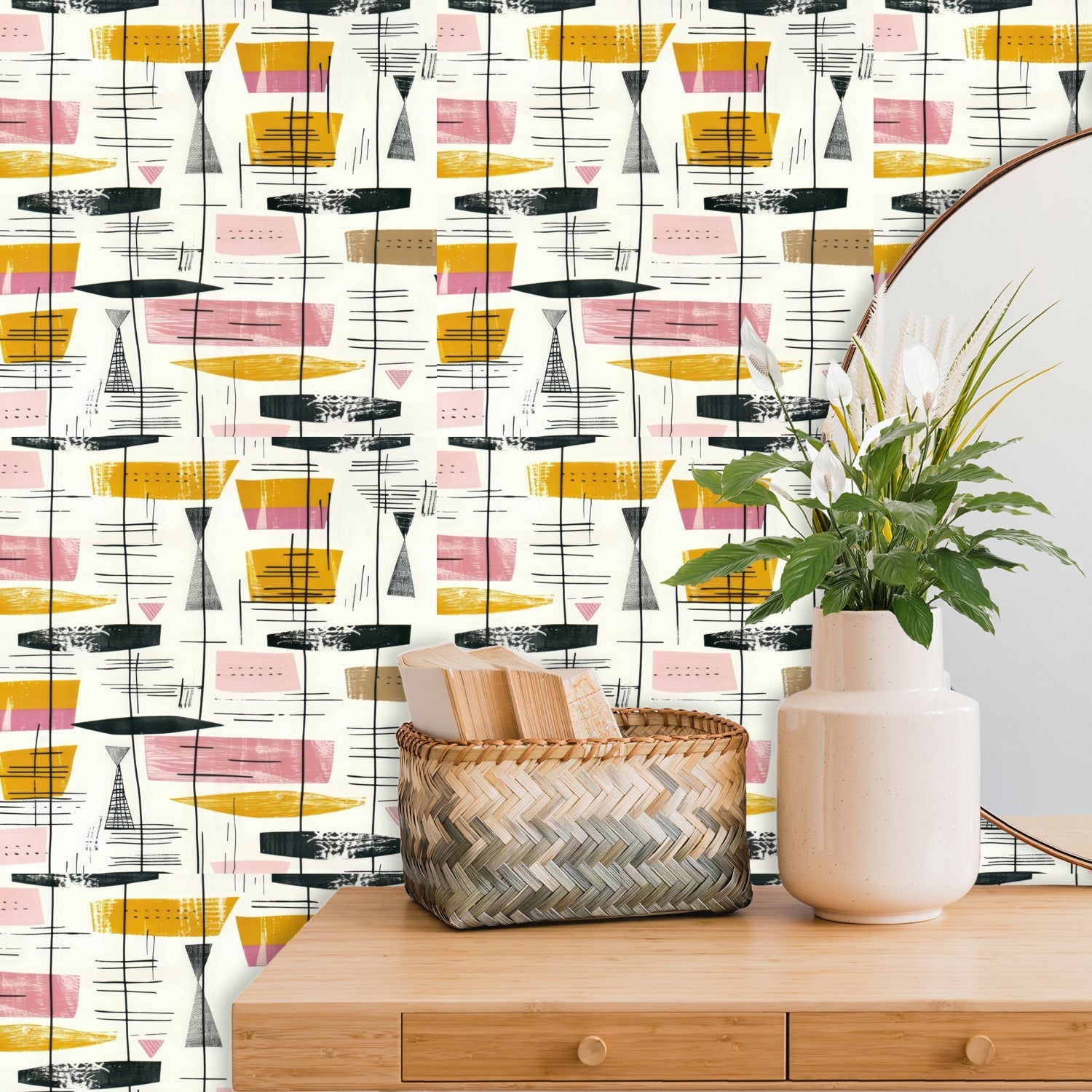 Kate McEnroe New York Mid Century Modern Geometric Peel And Stick Wallpaper, Retro Abstract Design, Vintage Home Decor, 1950s Style Wallpaper Panels, Living Room AccentWallpaper118549