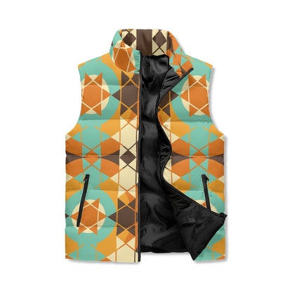 Kate McEnroe New York Mid Century Modern Geometric Puffer Vest, Groovy Burnt Orange, Mustard, Teal OuterwearPuffer VestsY572VRPW - 1