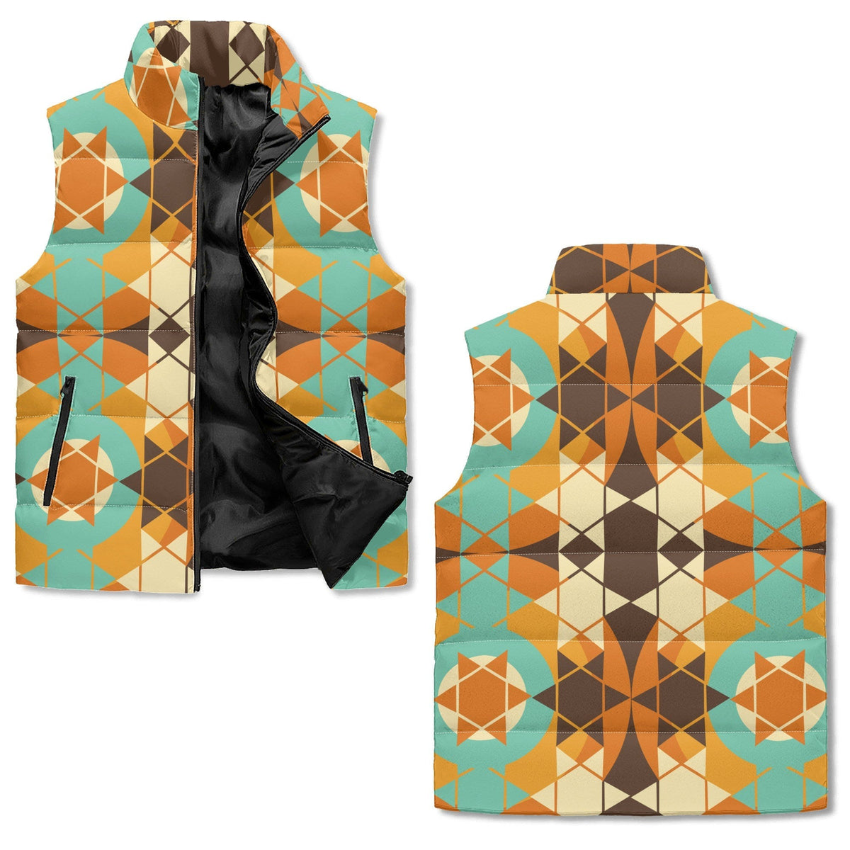 Kate McEnroe New York Mid Century Modern Geometric Puffer Vest, Groovy Burnt Orange, Mustard, Teal OuterwearPuffer VestsY572VRPW - 1