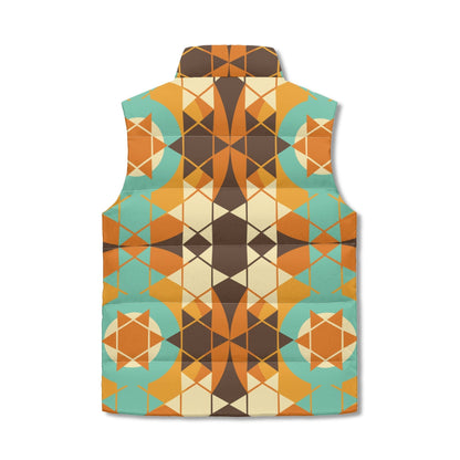 Kate McEnroe New York Mid Century Modern Geometric Puffer Vest, Groovy Burnt Orange, Mustard, Teal OuterwearPuffer VestsY572VRPW - 1