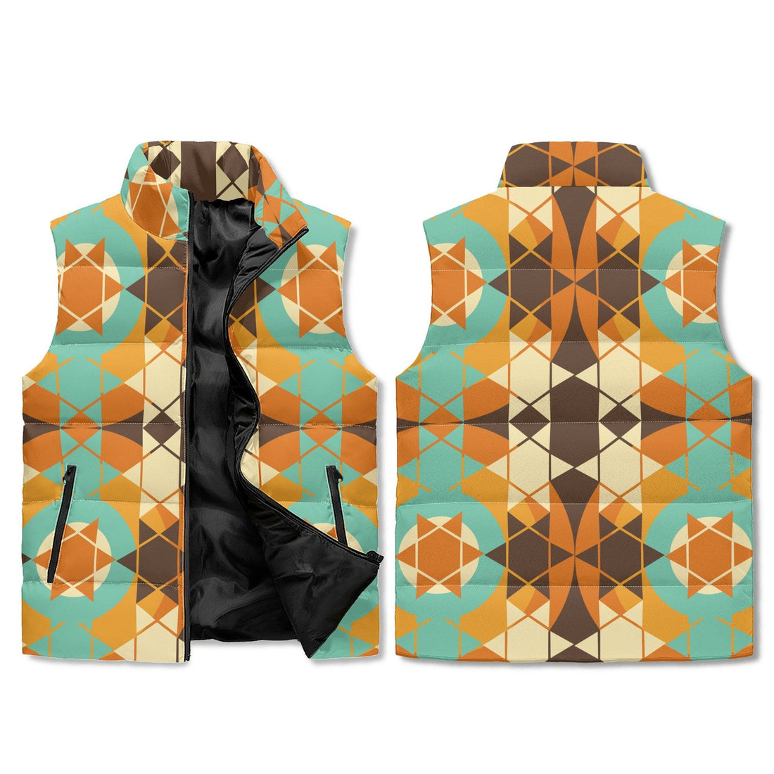 Kate McEnroe New York Mid Century Modern Geometric Puffer Vest, Groovy Burnt Orange, Mustard, Teal OuterwearPuffer VestsY572VRPW - 1