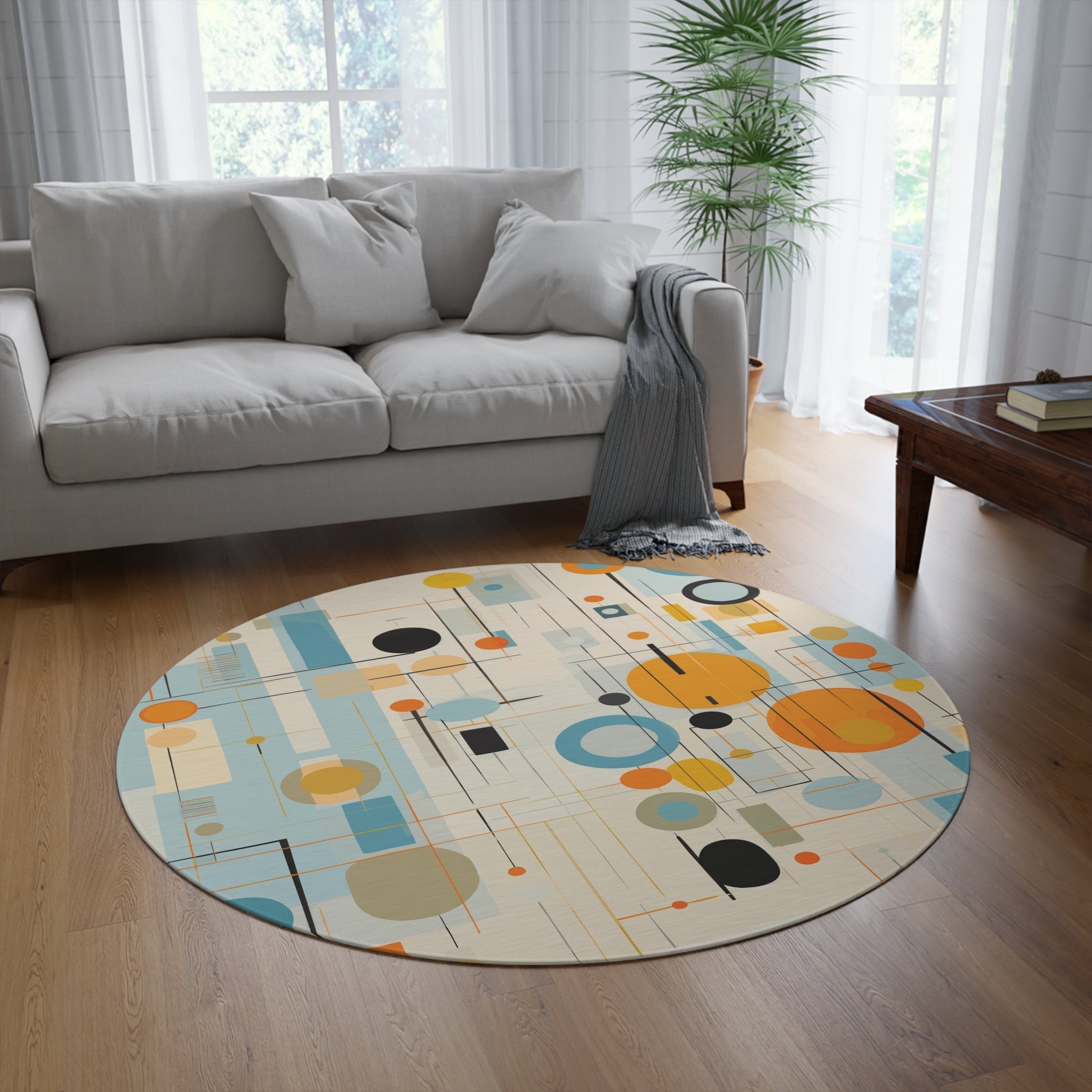 Mid Century Modern Geometric Round Rug, Retro 50s Atomic Orbs Mod Area ...