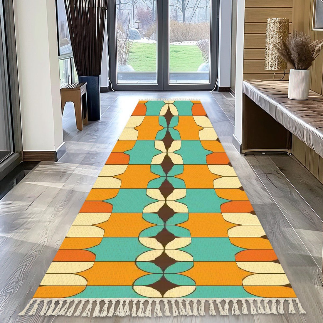 Kate McEnroe New York Mid Century Modern Geometric Runner Rug With Tassel , Retro Orange Aqua MCM Hallway, Entryway Accent RugRugsgpcITOw9Nh