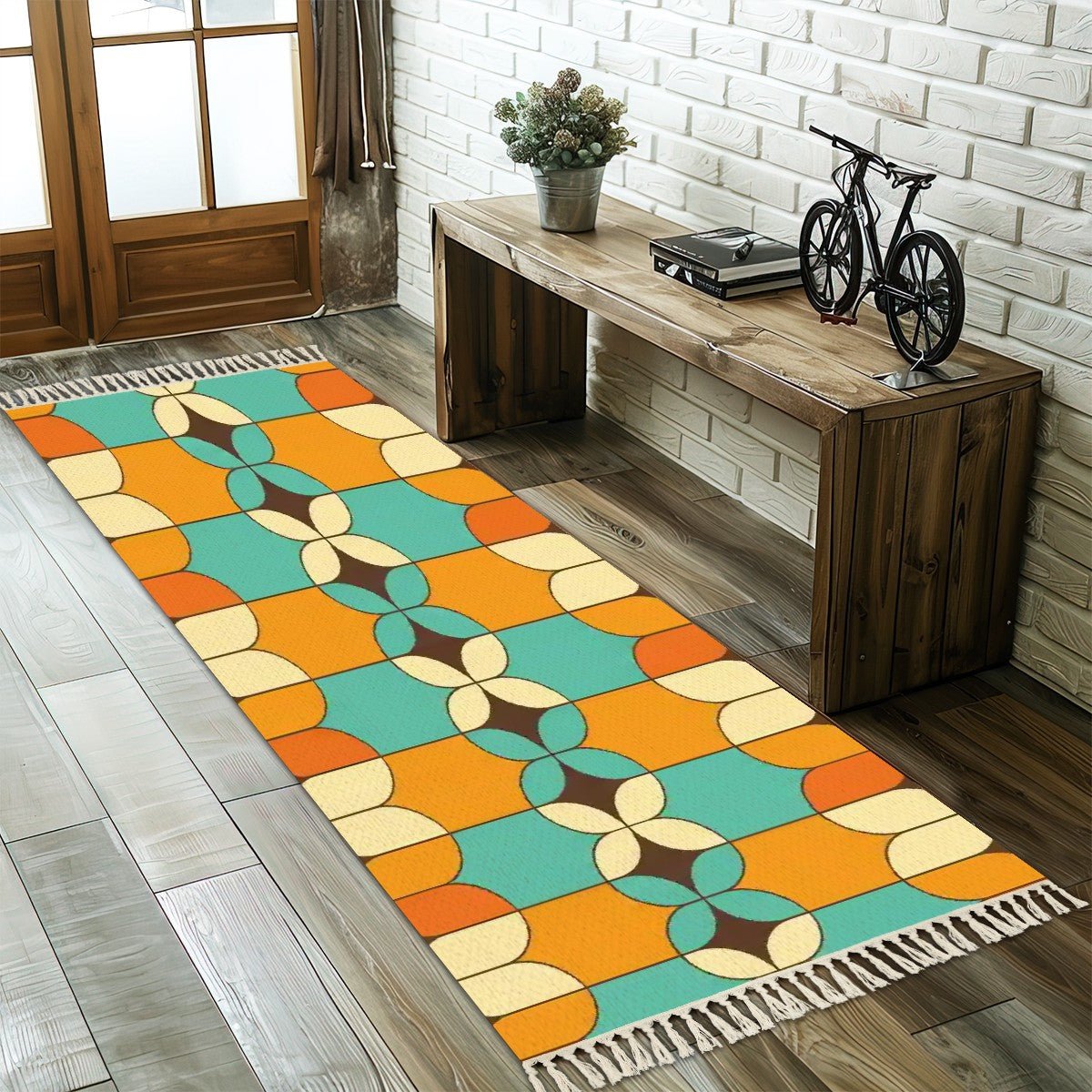 Kate McEnroe New York Mid Century Modern Geometric Runner Rug With Tassel , Retro Orange Aqua MCM Hallway, Entryway Accent RugRugsgpcITOw9Nh