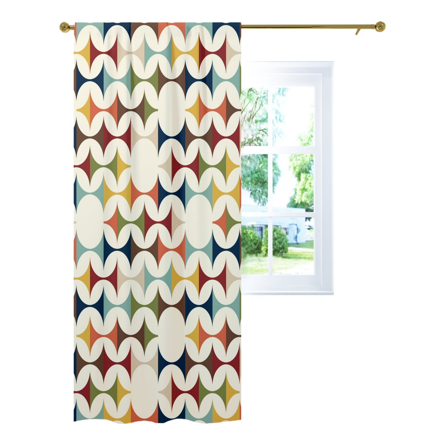 Kate McEnroe New York Mid Century Modern Geometric Semi - Opaque Window Curtains, 60s Retro MCM Cream, Teal, Mustard, Rust Curtain Panel DrapesWindow Curtains125640