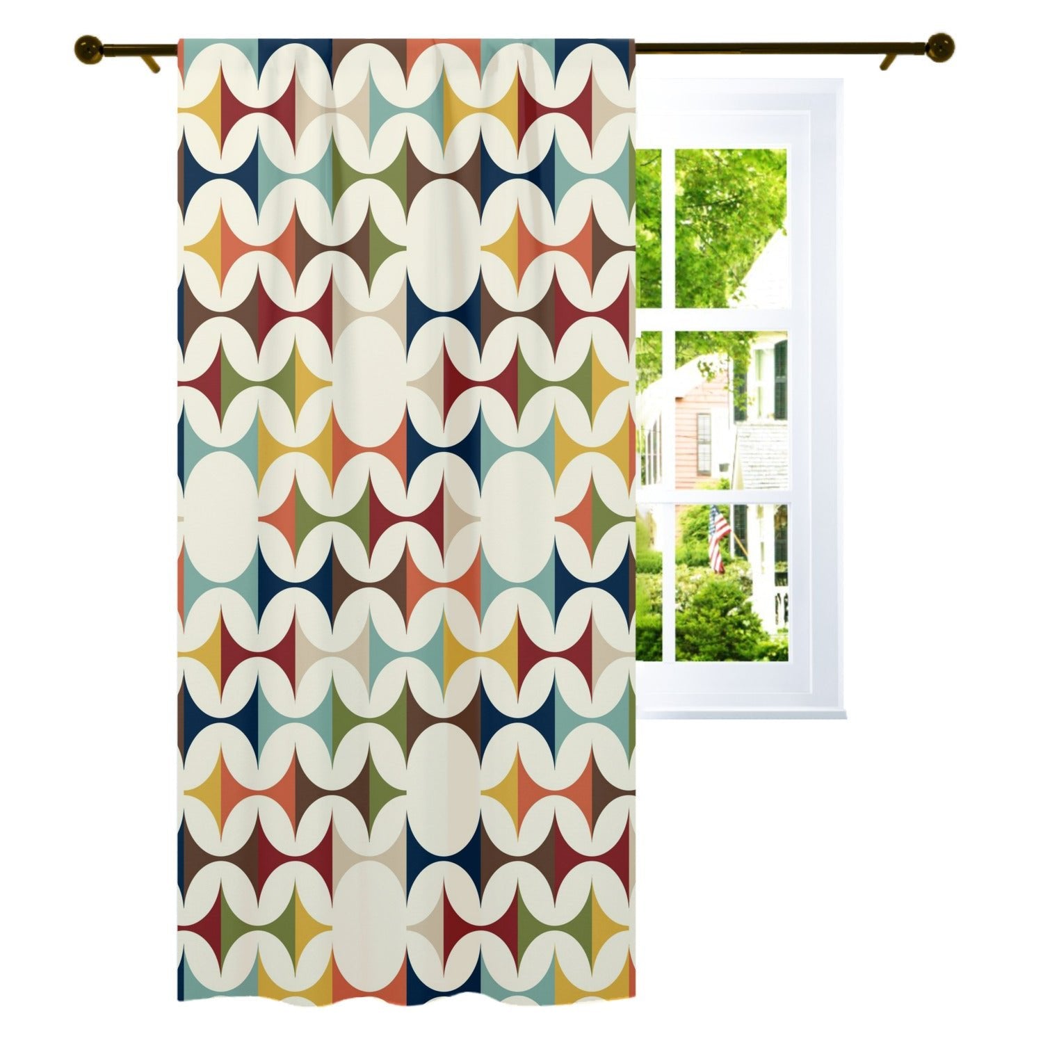 Kate McEnroe New York Mid Century Modern Geometric Semi - Opaque Window Curtains, 60s Retro MCM Cream, Teal, Mustard, Rust Curtain Panel DrapesWindow Curtains125644