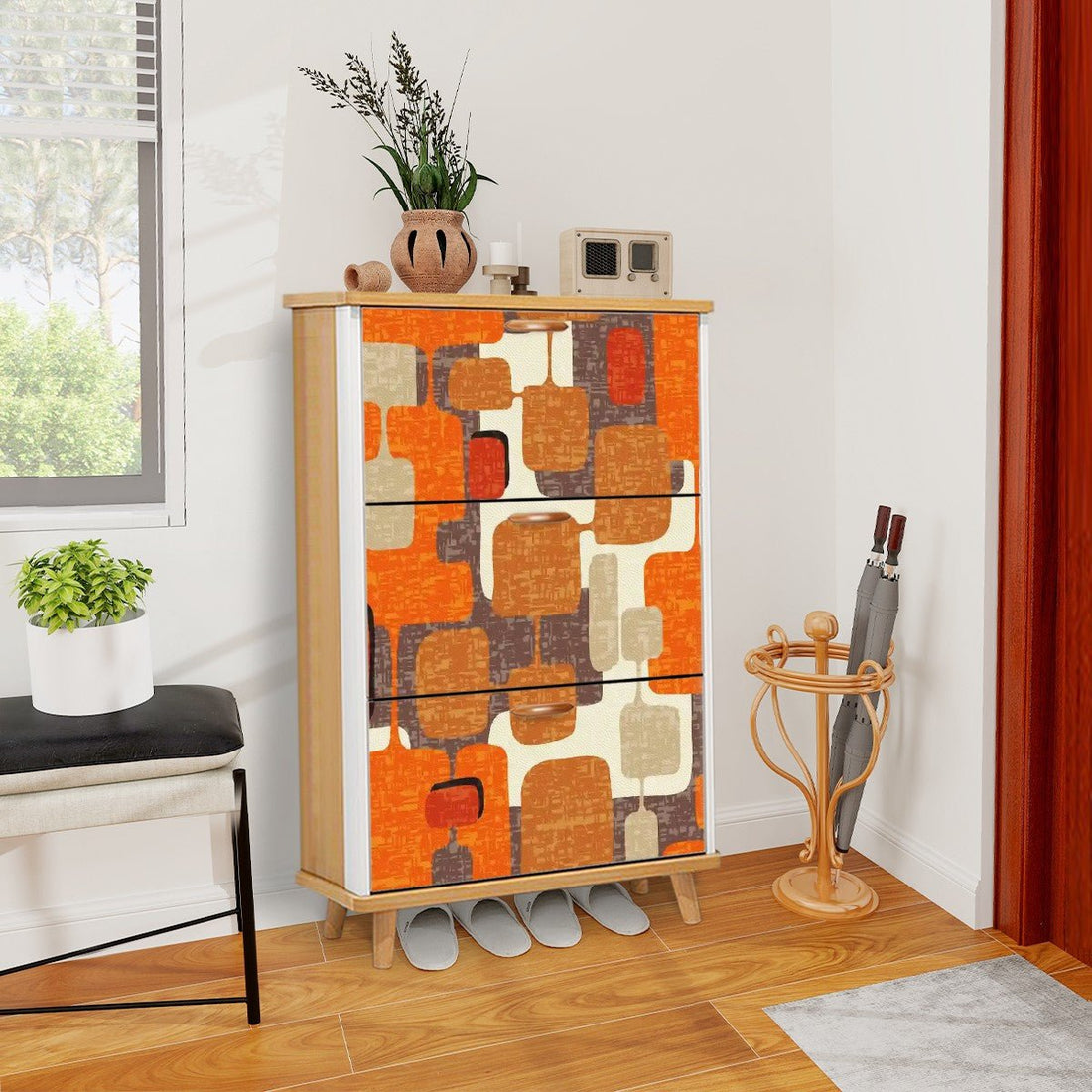 Kate McEnroe New York Mid Century Modern Geometric Shoe Cabinet, Retro Abstract Mod Storage AccentShoe StoragesP7mYsUXhF