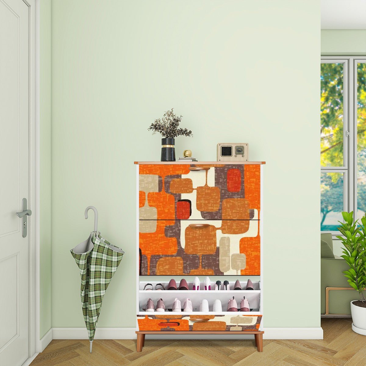 Kate McEnroe New York Mid Century Modern Geometric Shoe Cabinet, Retro Abstract Mod Storage AccentShoe StoragesP7mYsUXhF