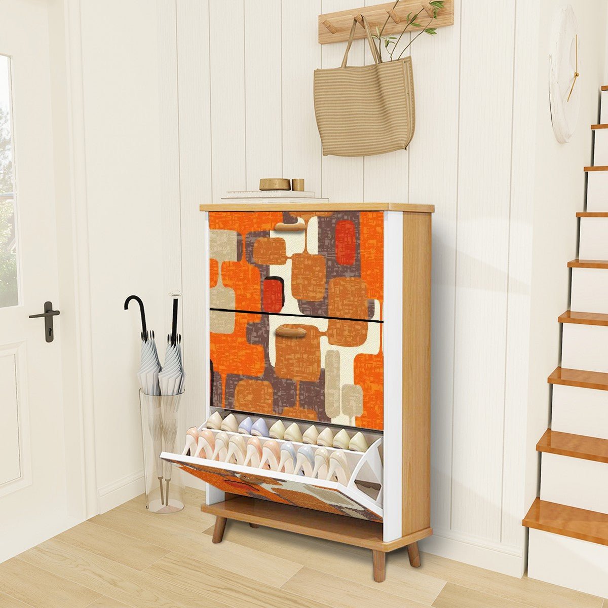 Kate McEnroe New York Mid Century Modern Geometric Shoe Cabinet, Retro Abstract Mod Storage AccentShoe StoragesP7mYsUXhF