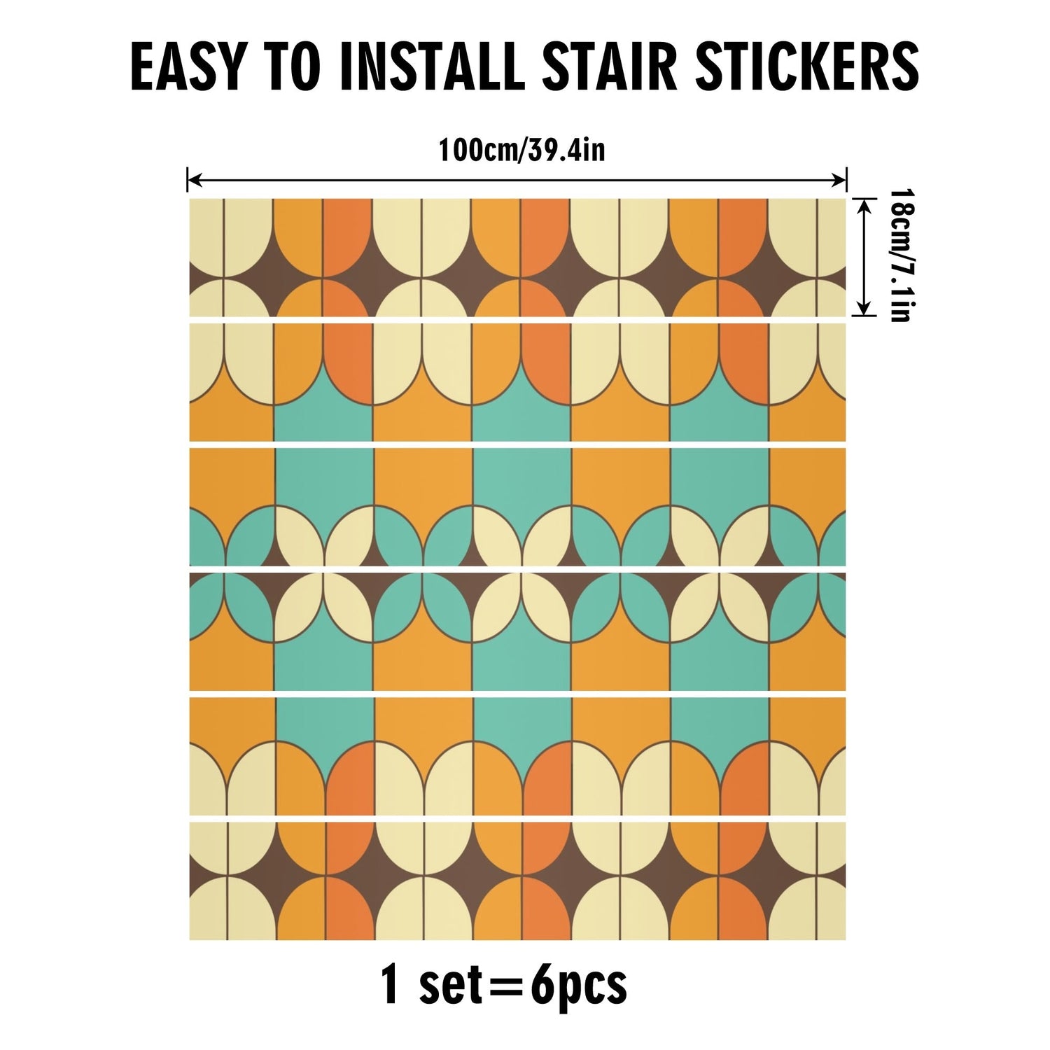 Kate McEnroe New York Mid Century Modern Geometric Stair Risers, Retro Orange Aqua Boho Stair Stickers, MCM Peel and Stick DecorStair RisersWDX096KN - 1