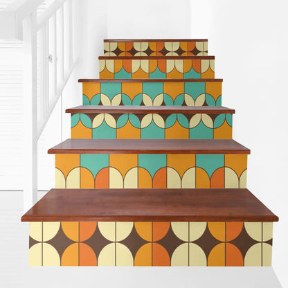 Kate McEnroe New York Mid Century Modern Geometric Stair Risers, Retro Orange Aqua Boho Stair Stickers, MCM Peel and Stick DecorStair RisersWDX096KN - 1