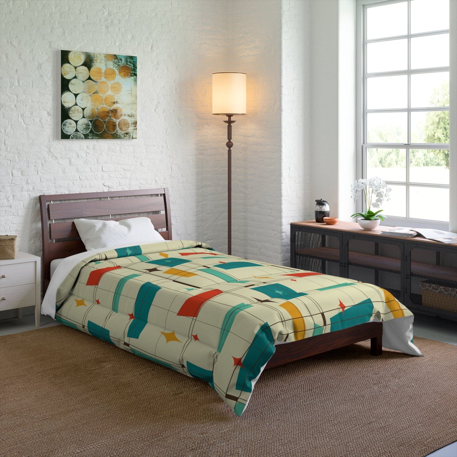 Printify Mid Century Modern Geometric Starburst Comforter Home Decor 68&quot; × 88&quot; 72591050864576392313