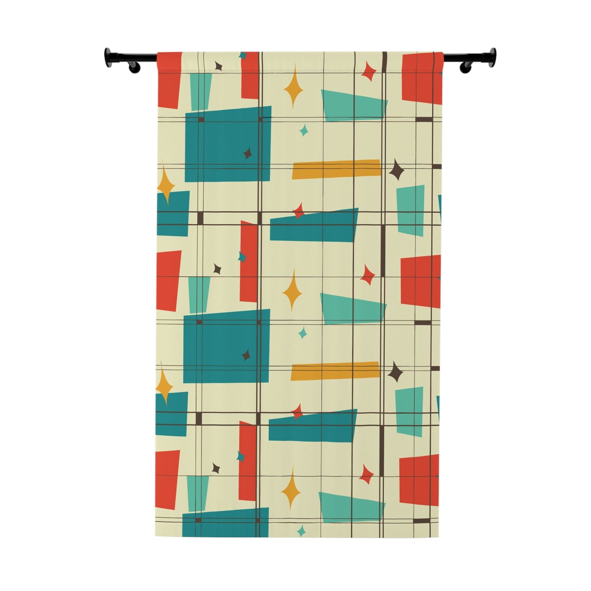 Kate McEnroe New York Mid Century Modern Geometric Starburst Pattern Window Curtain, Atomic Squares, Rectangles Curtain Panels, Mid Mod Orange, Aqua, Teal, CreamWindow CurtainsW30S - SQU - CRE - SH7