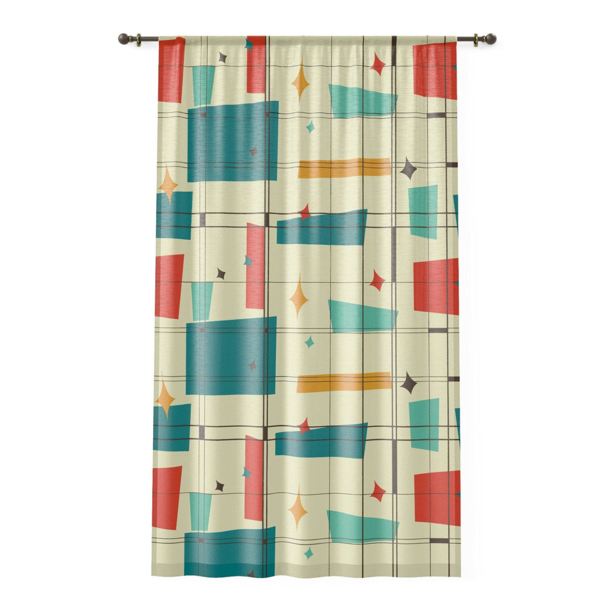 Kate McEnroe New York Mid Century Modern Geometric Starburst Pattern Window Curtain, Atomic Squares, Rectangles Curtain Panels, Mid Mod Orange, Aqua, Teal, CreamWindow CurtainsW30S - SQU - CRE - SH7