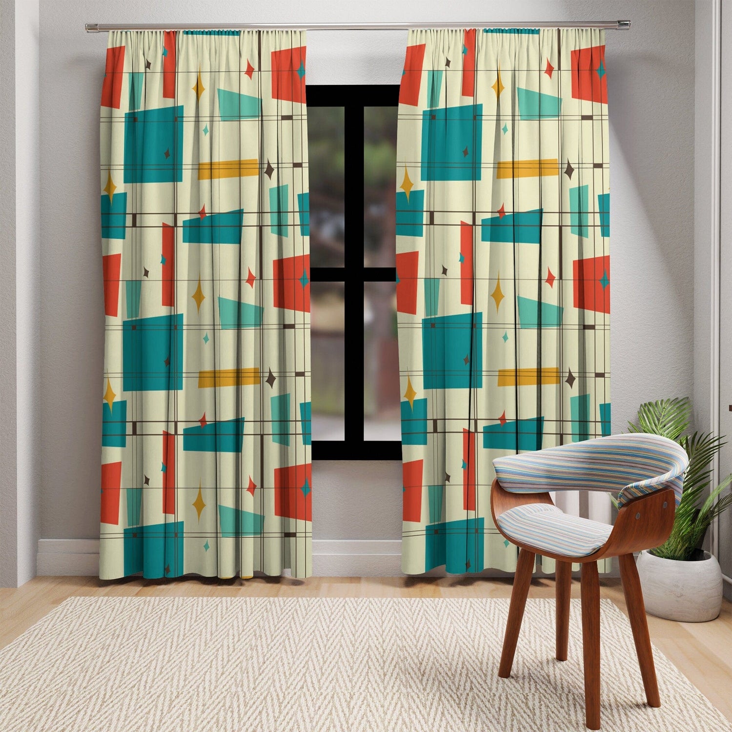 Kate McEnroe New York Mid Century Modern Geometric Starburst Pattern Window Curtain, Atomic Squares, Rectangles Curtain Panels, Mid Mod Orange, Aqua, Teal, CreamWindow CurtainsW30S - SQU - CRE - SH7