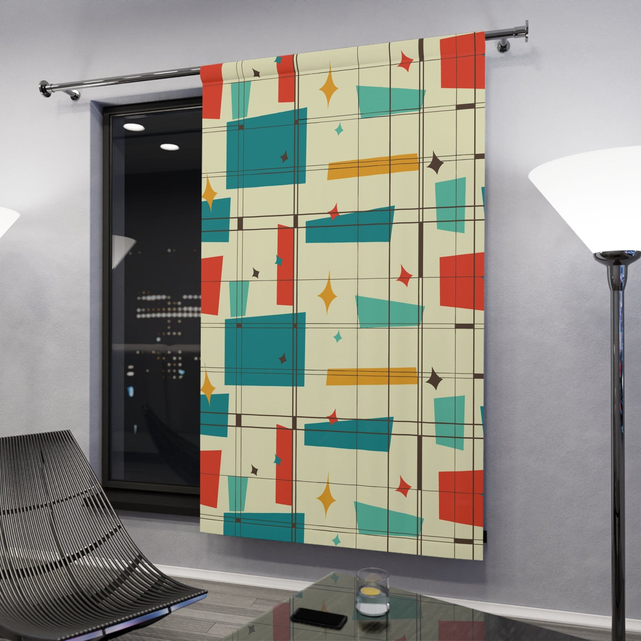 Kate McEnroe New York Mid Century Modern Geometric Starburst Pattern Window Curtain, Atomic Squares, Rectangles Curtain Panels, Mid Mod Orange, Aqua, Teal, CreamWindow CurtainsW30S - SQU - CRE - SH7