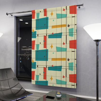 Kate McEnroe New York Mid Century Modern Geometric Starburst Pattern Window Curtain, Atomic Squares, Rectangles Curtain Panels, Mid Mod Orange, Aqua, Teal, CreamWindow CurtainsW30S - SQU - CRE - SH7