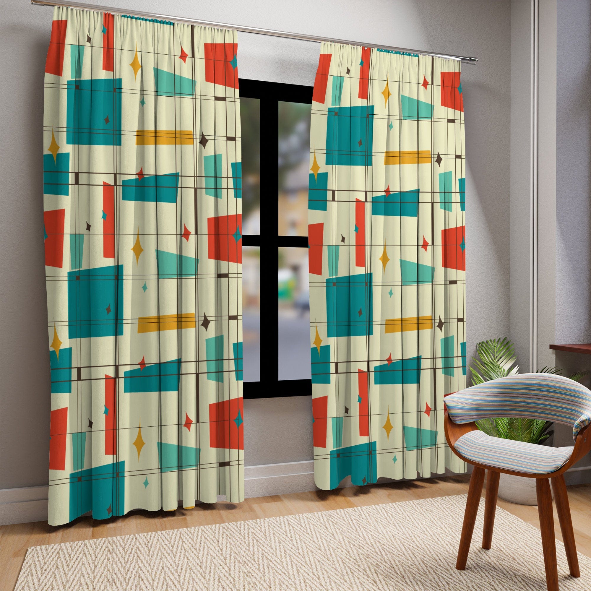 Kate McEnroe New York Mid Century Modern Geometric Starburst Pattern Window Curtain, Atomic Squares, Rectangles Curtain Panels, Mid Mod Orange, Aqua, Teal, CreamWindow CurtainsW30S - SQU - CRE - SH7