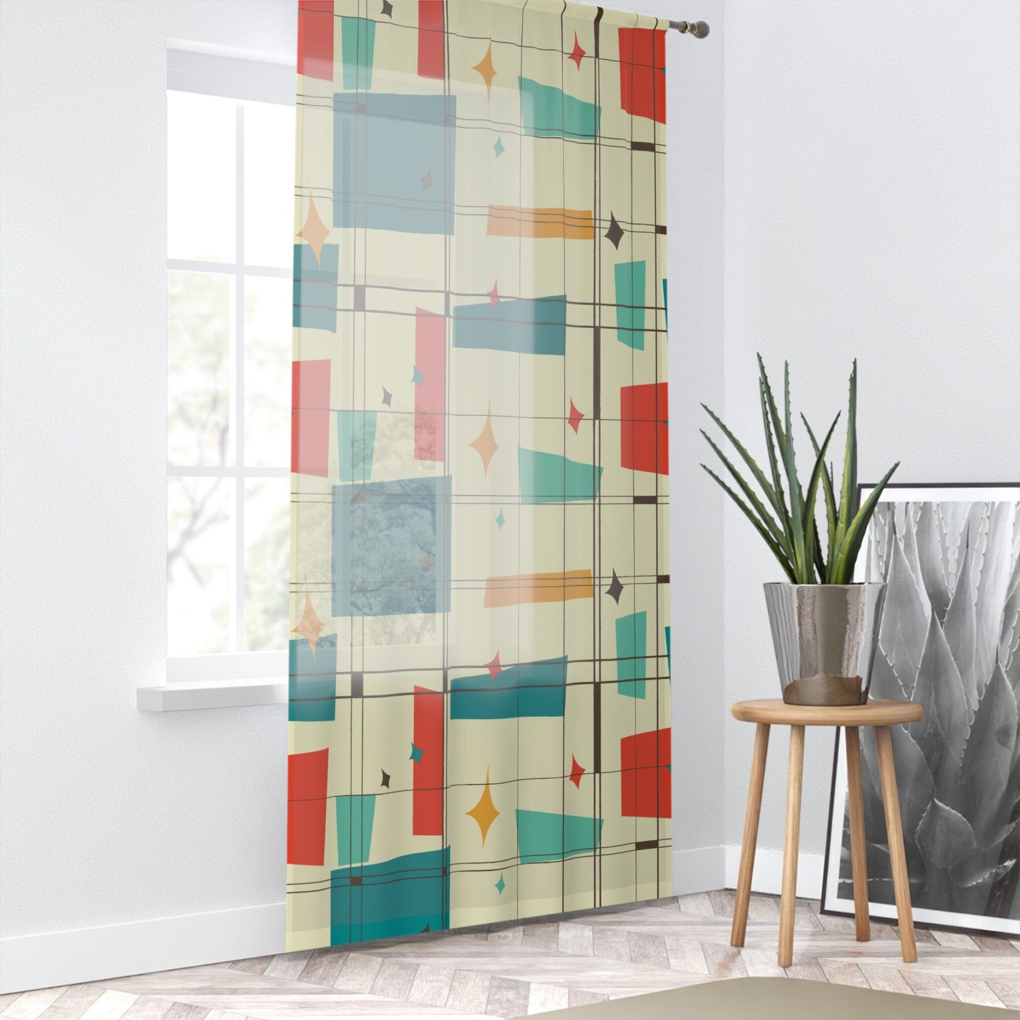 Kate McEnroe New York Mid Century Modern Geometric Starburst Pattern Window Curtain, Atomic Squares, Rectangles Curtain Panels, Mid Mod Orange, Aqua, Teal, CreamWindow CurtainsW30S - SQU - CRE - SH7