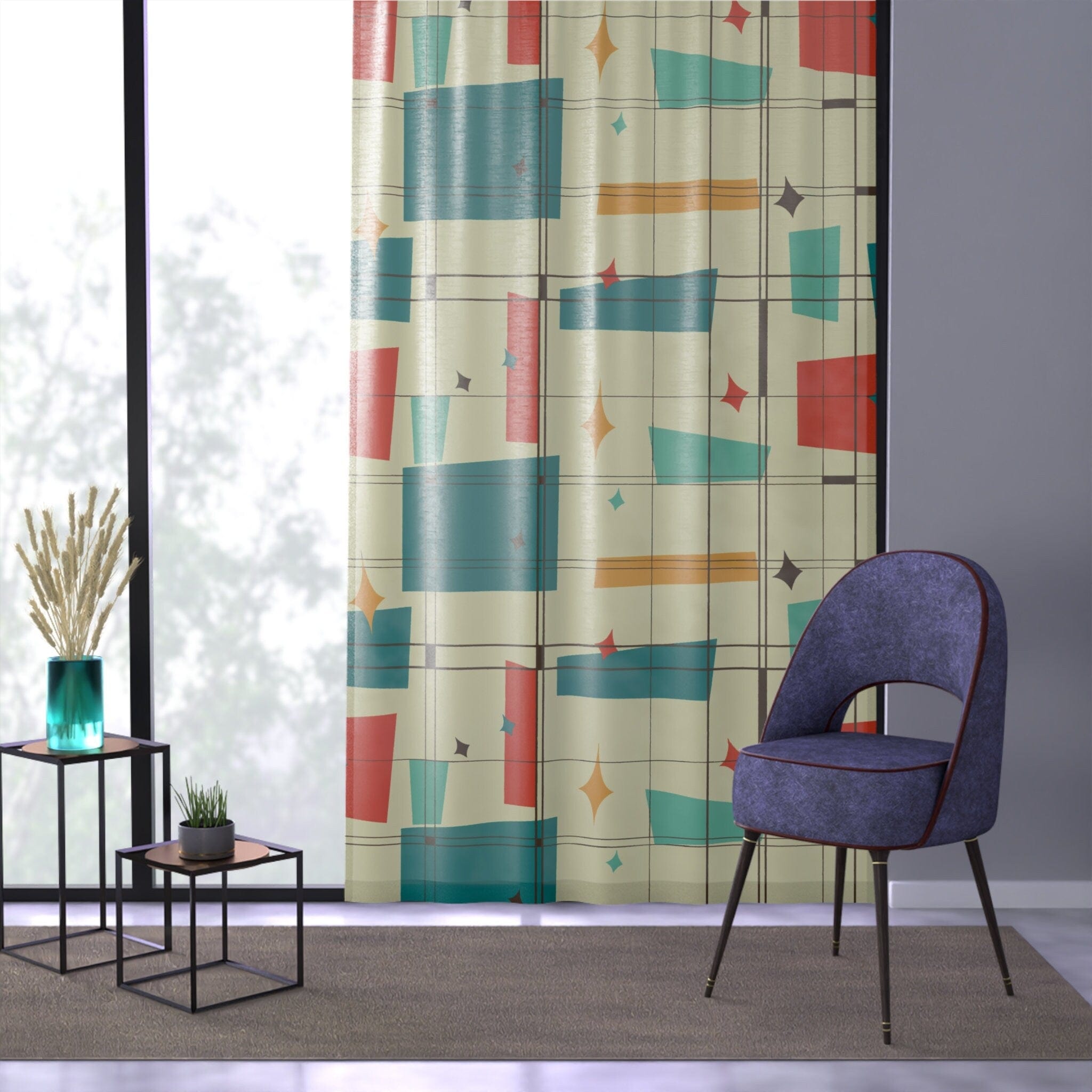 Kate McEnroe New York Mid Century Modern Geometric Starburst Pattern Window Curtain, Atomic Squares, Rectangles Curtain Panels, Mid Mod Orange, Aqua, Teal, CreamWindow CurtainsW30S - SQU - CRE - SH7