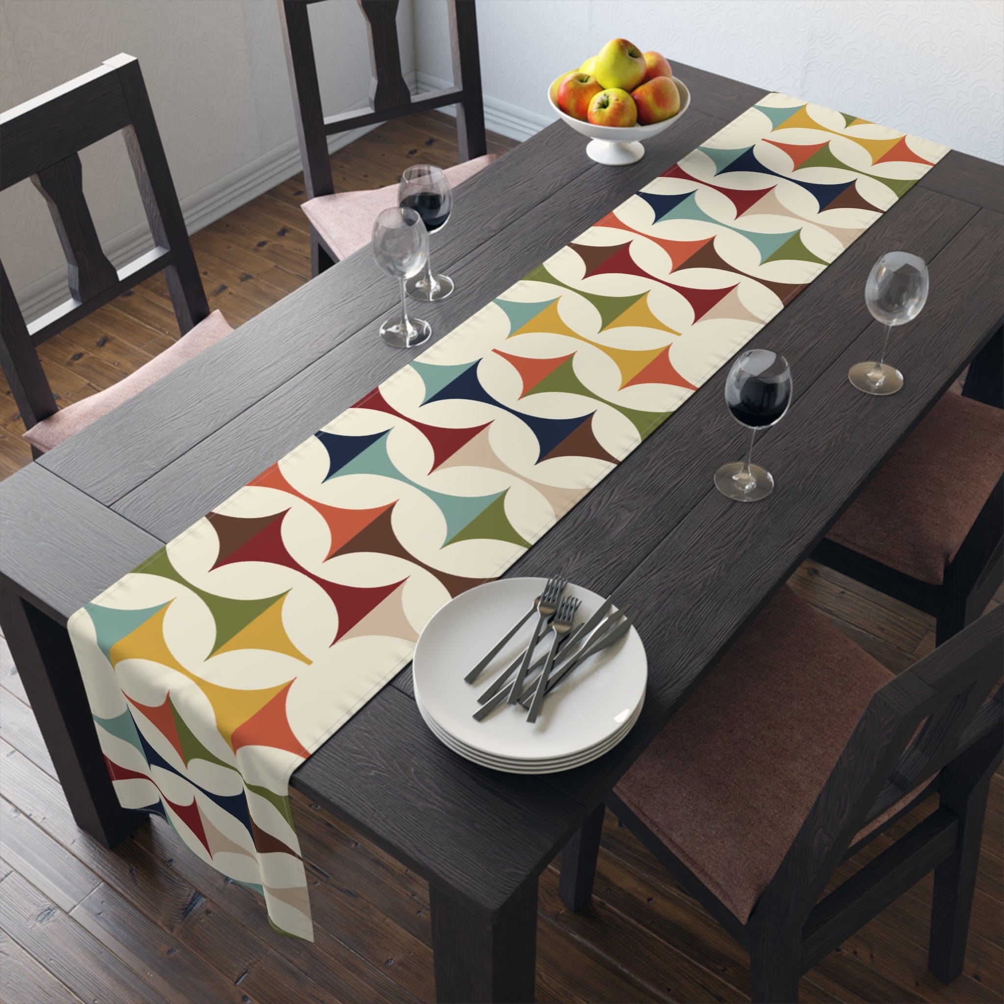 Kate McEnroe New York Mid Century Modern Geometric Table Runner, 60s Retro MCM Cream, Teal, Mustard, Rust Cotton, Poly Table LinensTable Runners10234569013370719751