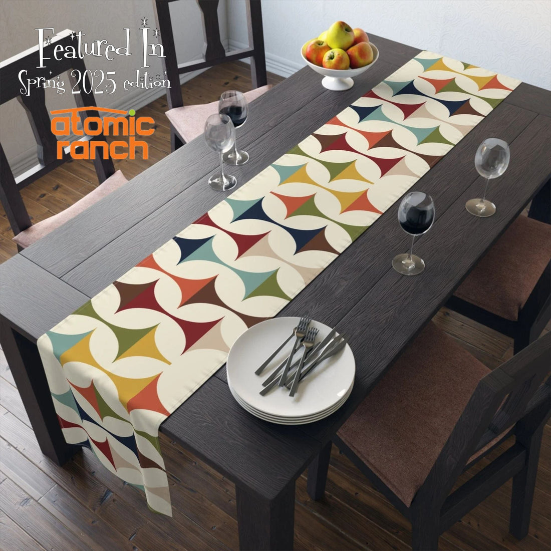 Kate McEnroe New York Mid Century Modern Geometric Table Runner, 60s Retro MCM Cream, Teal, Mustard, Rust Table LinensTable Runners68643424512832455410