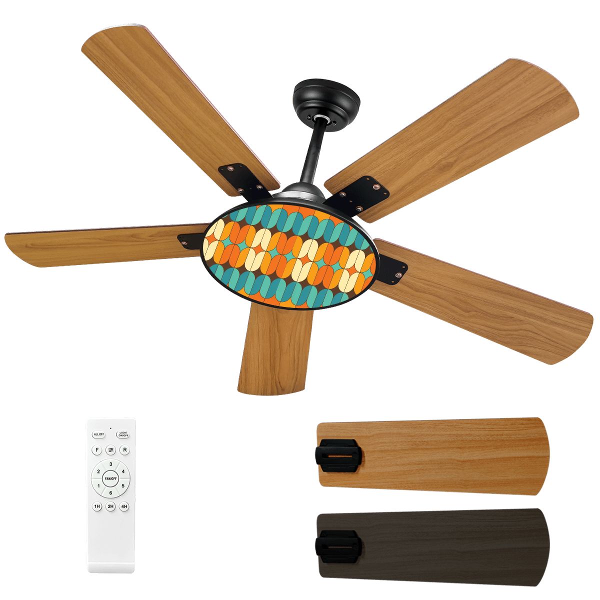 Kate McEnroe New York Mid Century Modern Geometric Teal Orange Ceiling Fan with LightCeiling FanscZENYjjUUa