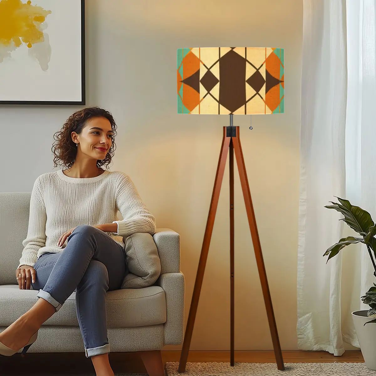 Kate McEnroe New York Mid Century Modern Geometric Tripod Floor Lamp, Retro 70s Diamond Accent LightingTripod Floor Lamps3yUYBAndLE