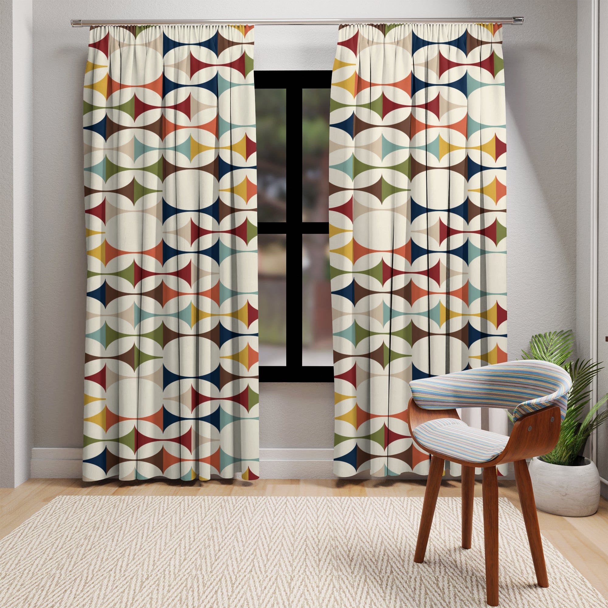 Kate McEnroe New York Mid Century Modern Geometric Window Curtains, 60s Retro MCM Cream, Teal, Mustard, Rust Cotton, Poly Curtain Panel DrapesWindow Curtains22822638753953747894