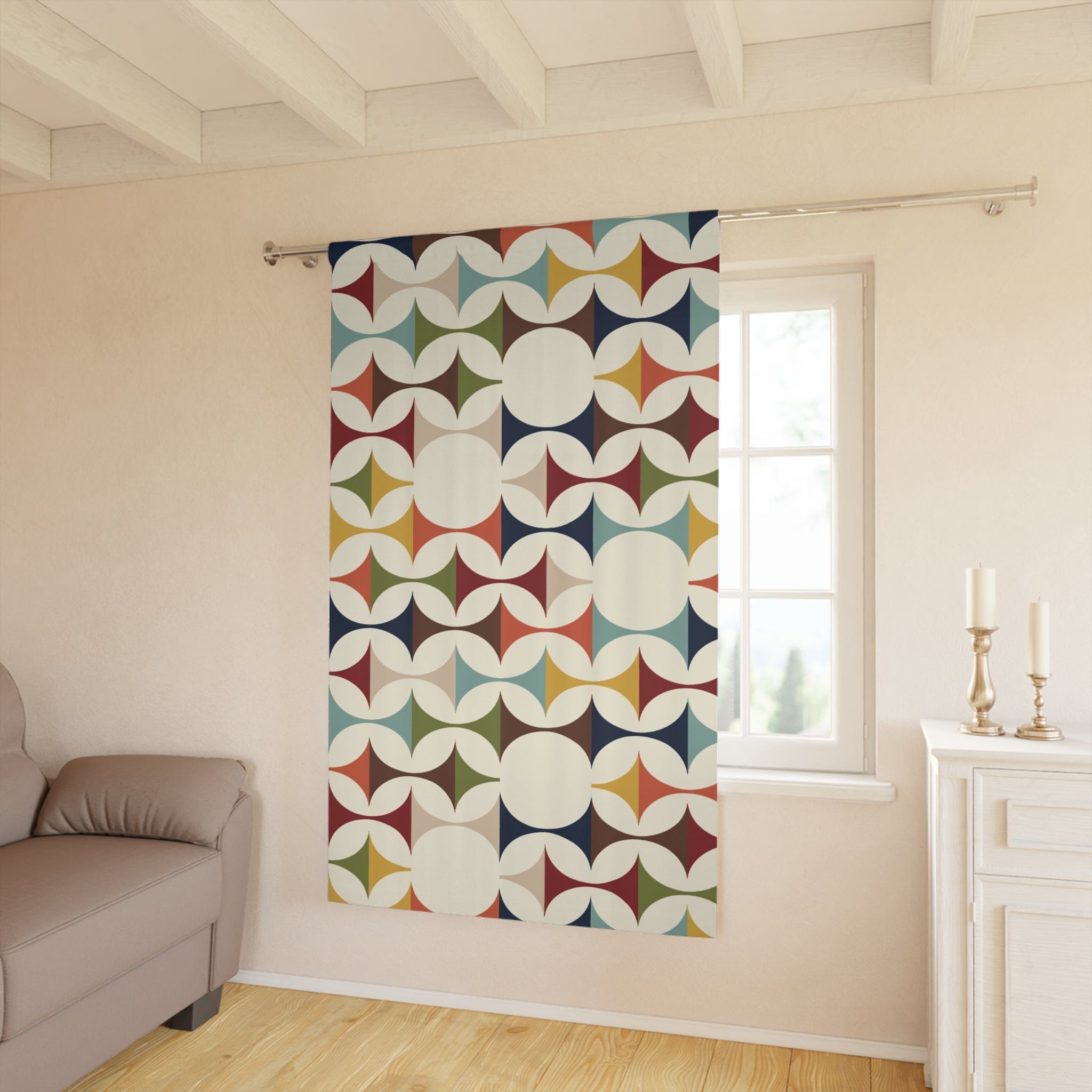 Kate McEnroe New York Mid Century Modern Geometric Window Curtains, 60s Retro MCM Cream, Teal, Mustard, Rust Cotton, Poly Curtain Panel DrapesWindow Curtains22822638753953747894
