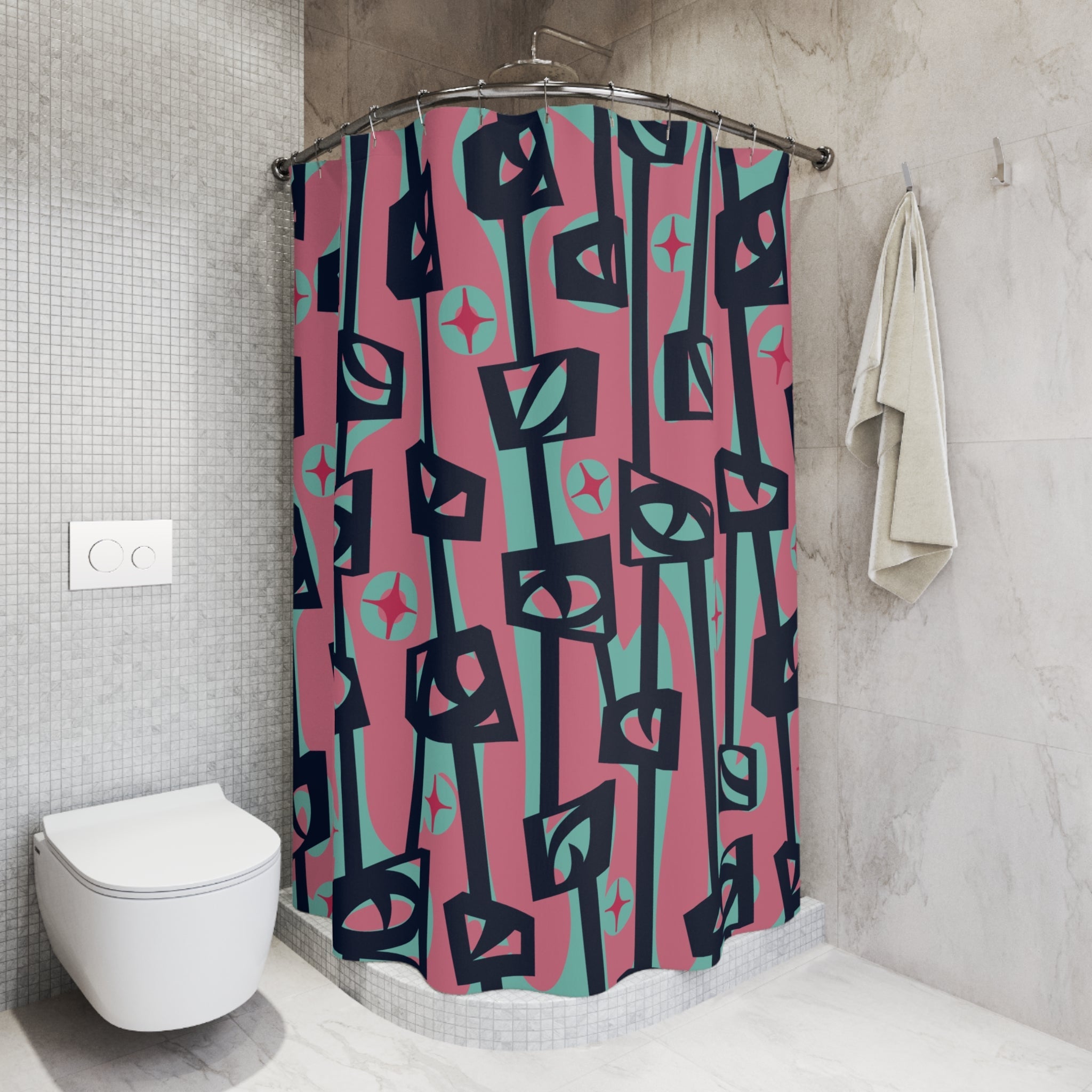 Kate McEnroe New York Mid Century Modern Googie Atomic Cat Eye Tiki Shower CurtainShower Curtains30060696866503718169