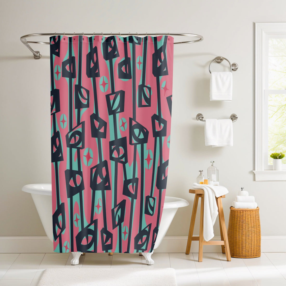 Kate McEnroe New York Mid Century Modern Googie Atomic Cat Eye Tiki Shower CurtainShower Curtains30060696866503718169