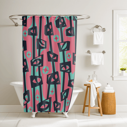 Kate McEnroe New York Mid Century Modern Googie Atomic Cat Eye Tiki Shower CurtainShower Curtains30060696866503718169