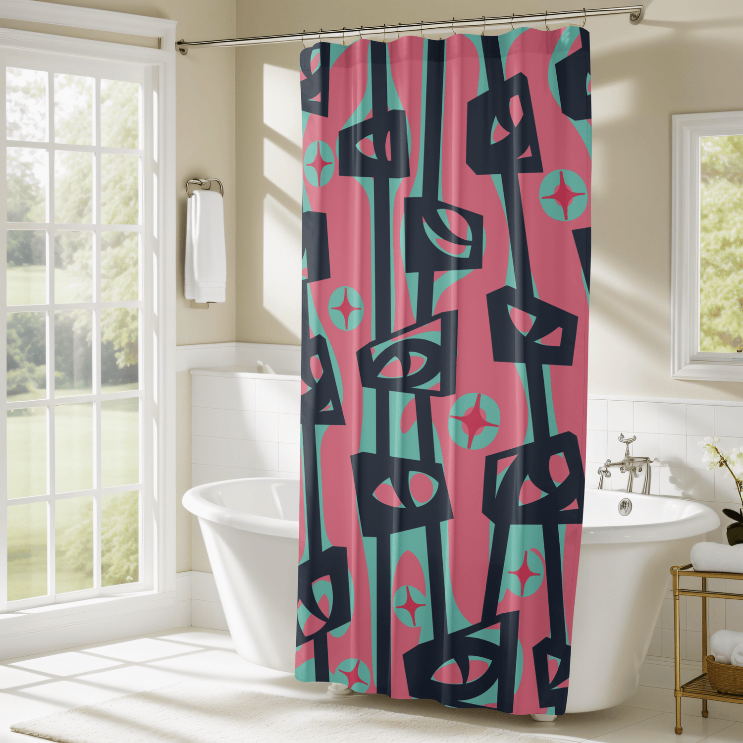 Kate McEnroe New York Mid Century Modern Googie Atomic Cat Eye Tiki Shower CurtainShower Curtains30060696866503718169