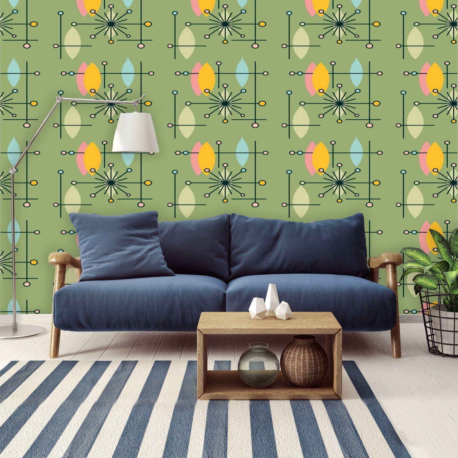 Kate McEnroe New York Mid Century Modern Green, Mustard, Teal, and Pink Peel and Stick Wall Mural, Retro Starburst Geometric Wallpaper, 50s Atomic Age DecorWall Mural127826