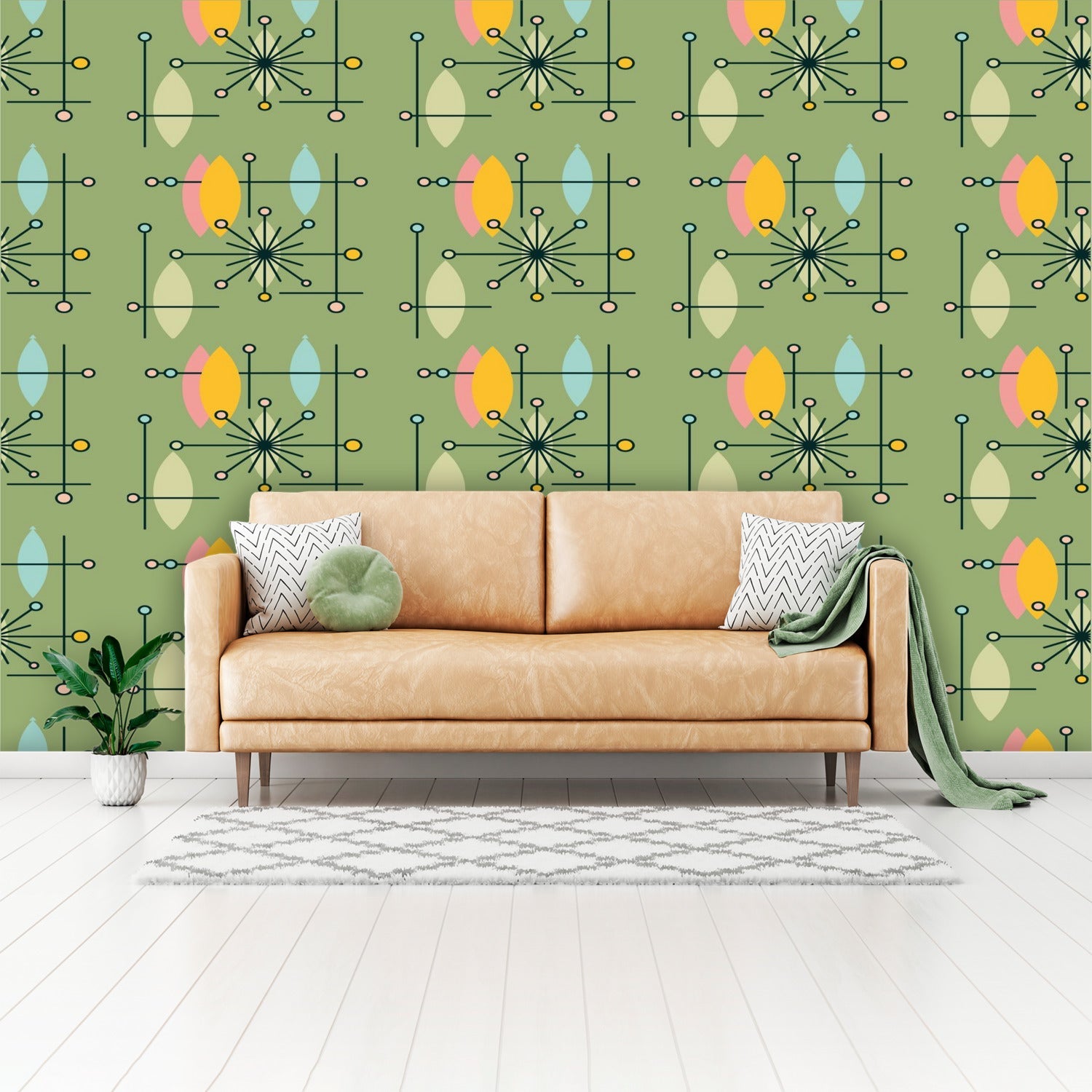 Kate McEnroe New York Mid Century Modern Green, Mustard, Teal, and Pink Peel and Stick Wall Mural, Retro Starburst Geometric Wallpaper, 50s Atomic Age DecorWall Mural127828