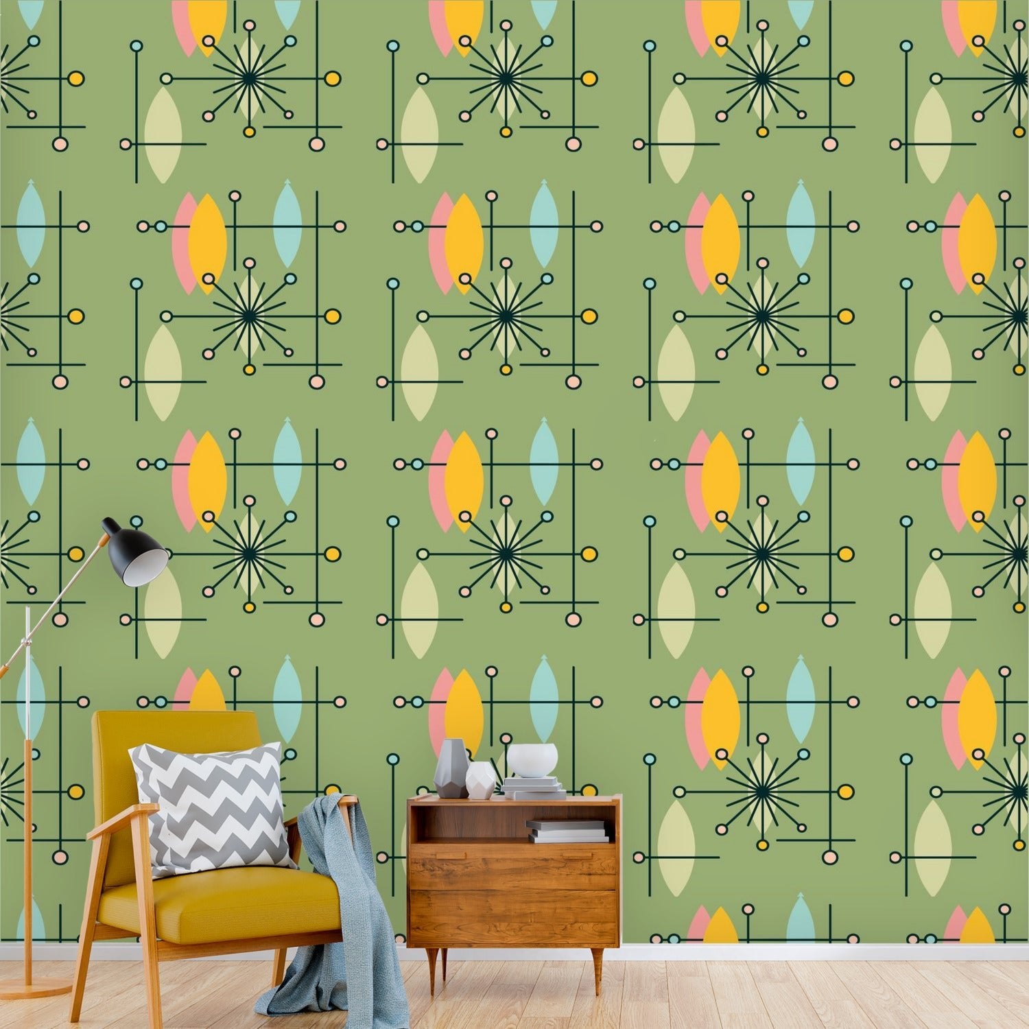 Kate McEnroe New York Mid Century Modern Green, Mustard, Teal, and Pink Peel and Stick Wall Mural, Retro Starburst Geometric Wallpaper, 50s Atomic Age DecorWall Mural127827