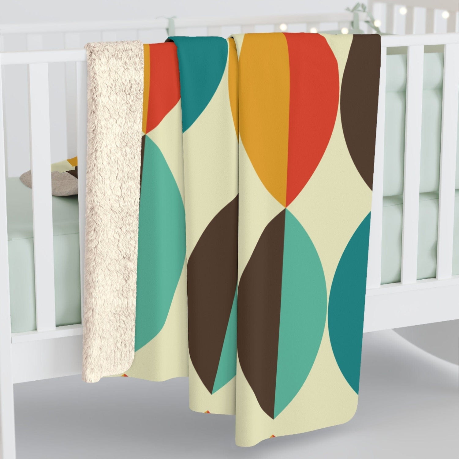 Kate McEnroe New York Mid Century Modern Groovy Retro Teal, Aqua, Orange, Mustard Yellow, Beige Sherpa Fleece Throw BlanketBlankets13825703054394283289