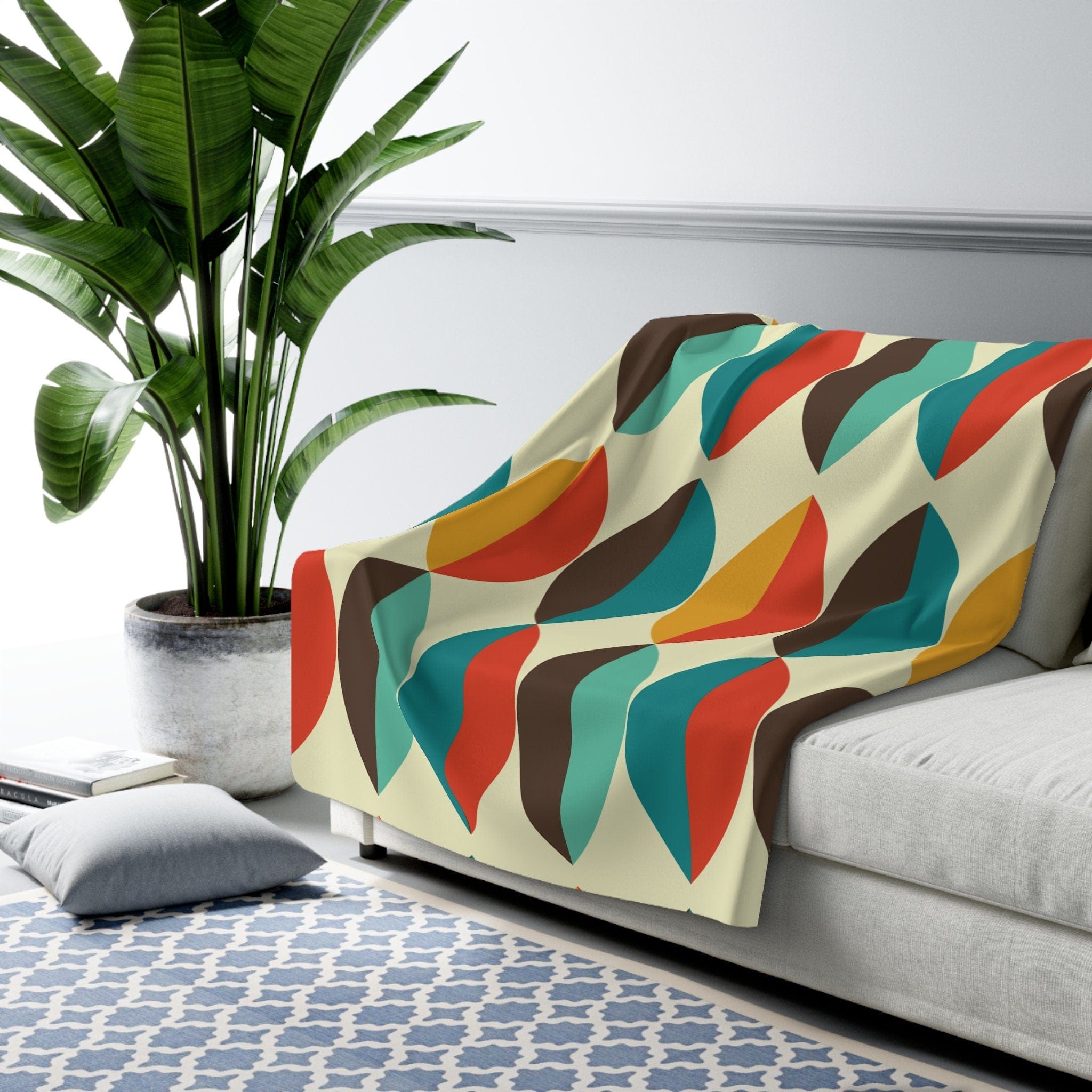 Kate McEnroe New York Mid Century Modern Groovy Retro Teal, Aqua, Orange, Mustard Yellow, Beige Sherpa Fleece Throw BlanketBlankets13825703054394283289