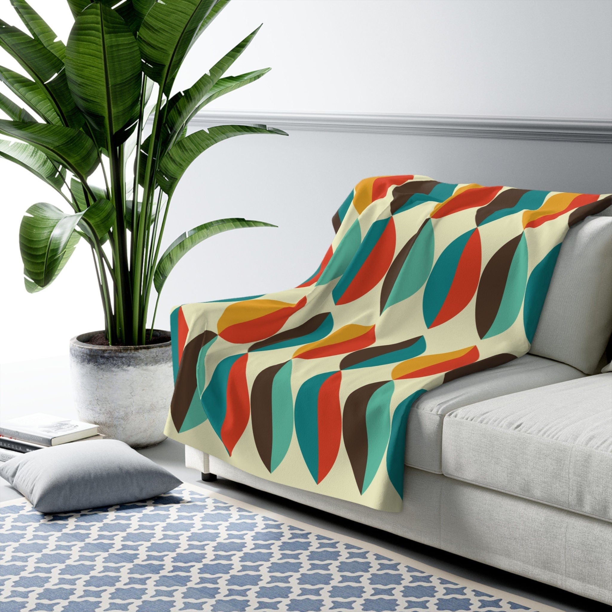 Kate McEnroe New York Mid Century Modern Groovy Retro Teal, Aqua, Orange, Mustard Yellow, Beige Sherpa Fleece Throw BlanketBlankets13825703054394283289