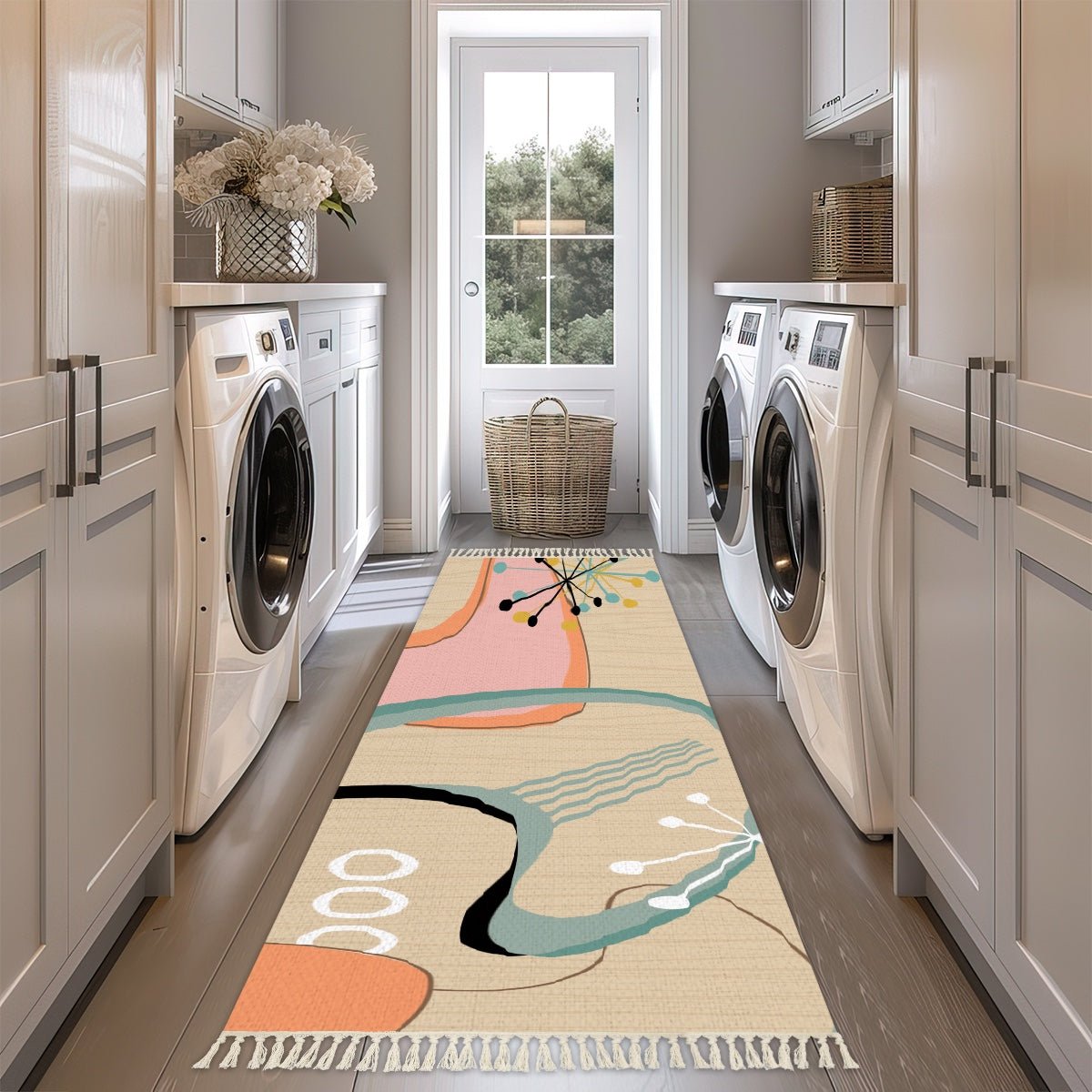 Kate McEnroe New York Mid Century Modern Hallway Rug, Retro Starburst Abstract Boomerang Runner, MCM Peach Aqua Entry RugRugs7xwOIJOqZ9