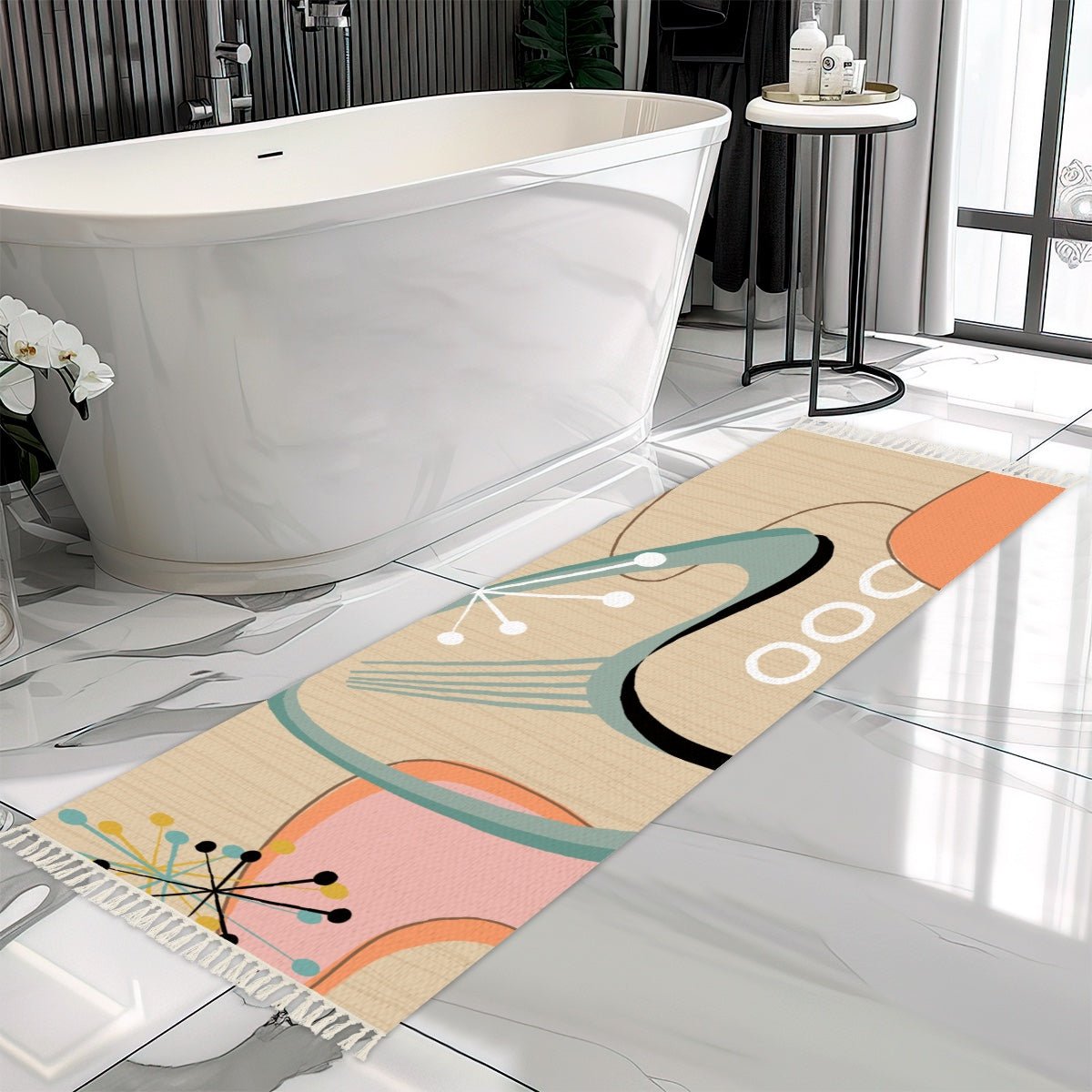 Kate McEnroe New York Mid Century Modern Hallway Rug, Retro Starburst Abstract Boomerang Runner, MCM Peach Aqua Entry RugRugs7xwOIJOqZ9