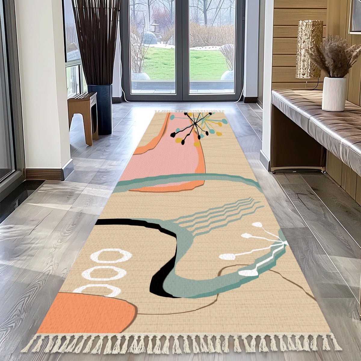 Kate McEnroe New York Mid Century Modern Hallway Rug, Retro Starburst Abstract Boomerang Runner, MCM Peach Aqua Entry RugRugs7xwOIJOqZ9