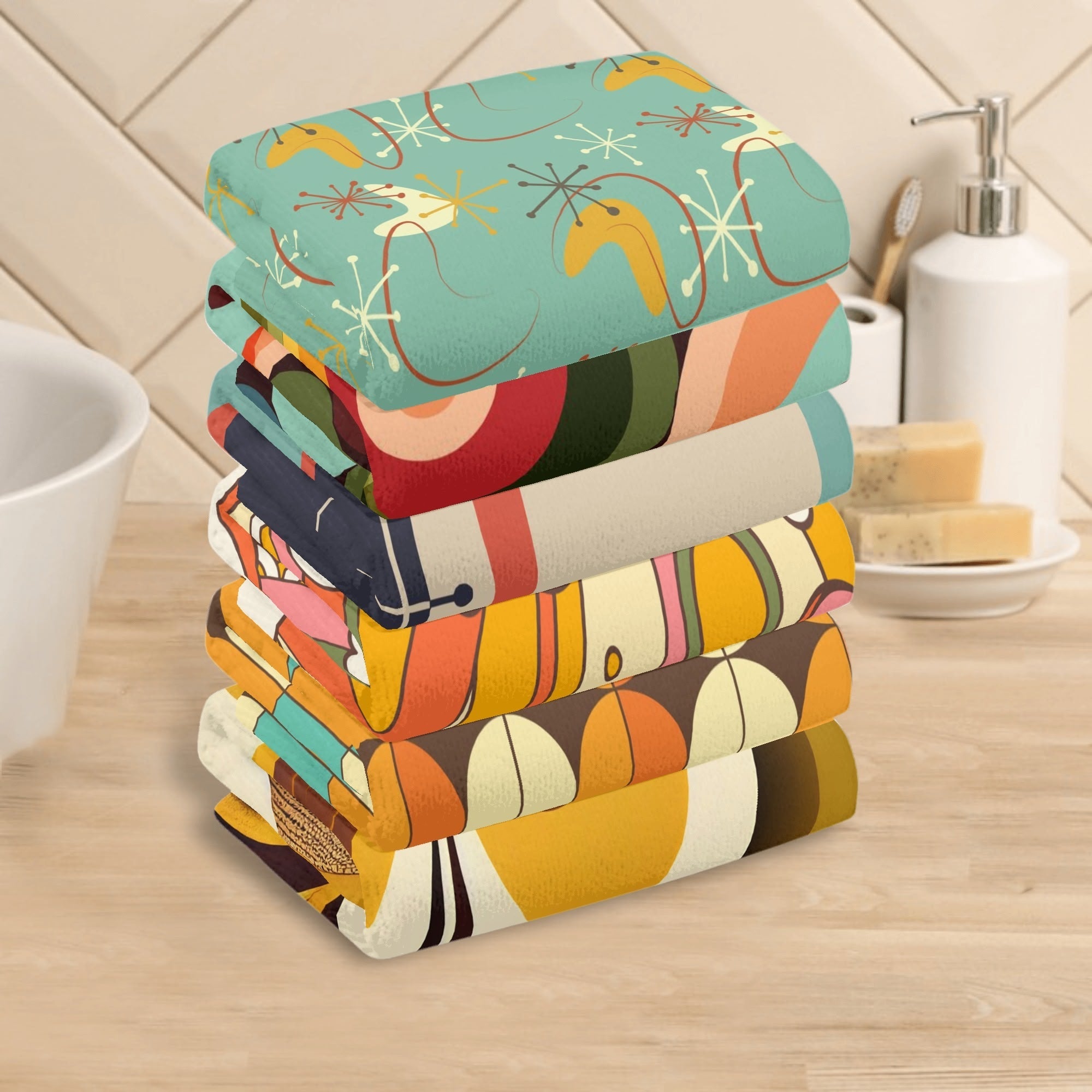 Kate McEnroe New York Mid Century Modern Hand Towels Set, Retro Geometric 60s 70s Mod Bath Kitchen Towels, Groovy Abstract Colorful DesignHand TowelsN9RXZQ9W - 1