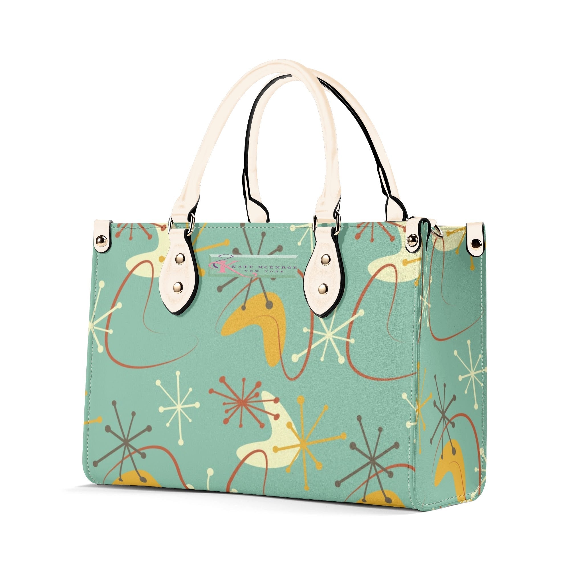 Kate McEnroe New York Mid Century Modern Handbag, Retro 50s Atomic Starburst Purse, MCM Geometric Teal Yellow Bag, Vintage Shoulder SatchelHandbagsW0Z9DO1W - 1
