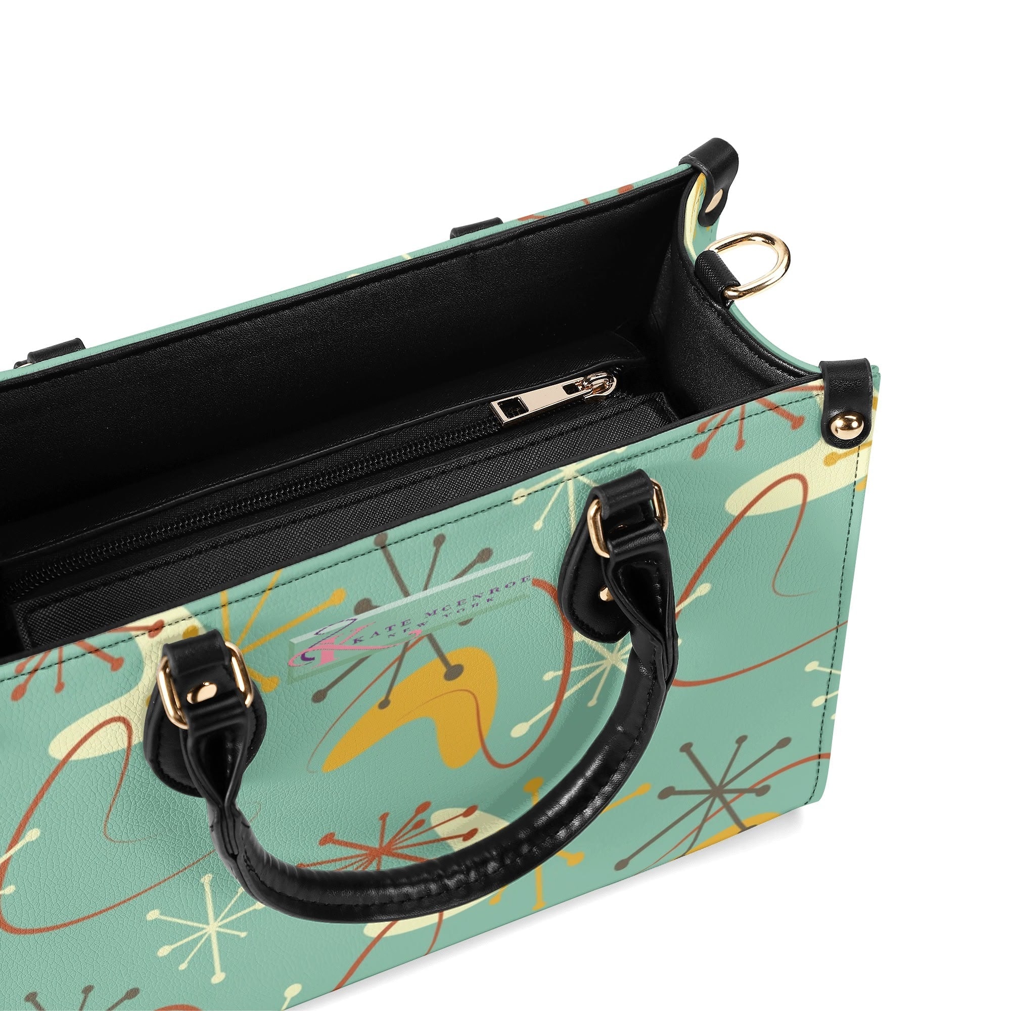Kate McEnroe New York Mid Century Modern Handbag, Retro 50s Atomic Starburst Purse, MCM Geometric Teal Yellow Bag, Vintage Shoulder SatchelHandbagsW0Z9DO1W - 1