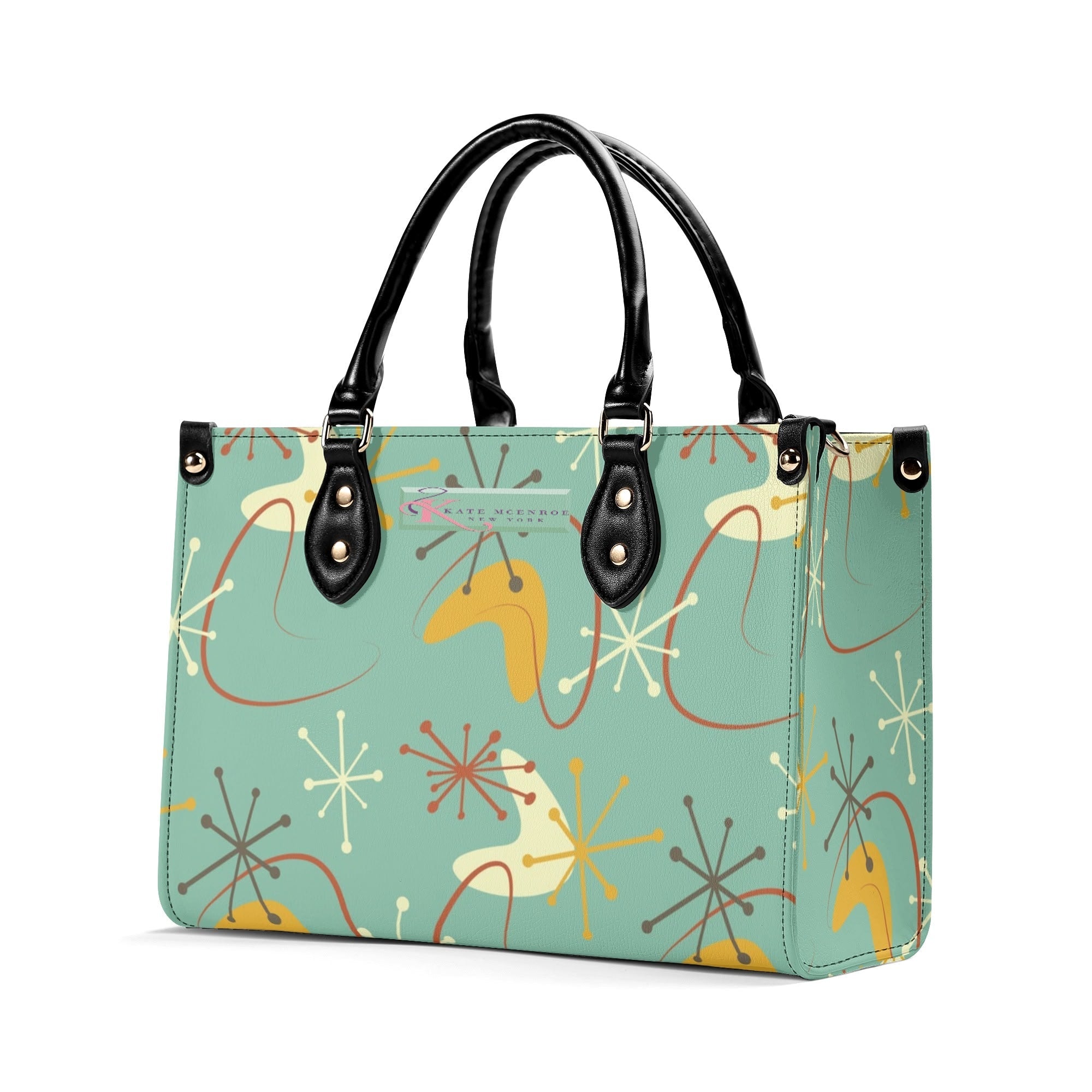 Kate McEnroe New York Mid Century Modern Handbag, Retro 50s Atomic Starburst Purse, MCM Geometric Teal Yellow Bag, Vintage Shoulder SatchelHandbagsW0Z9DO1W - 1
