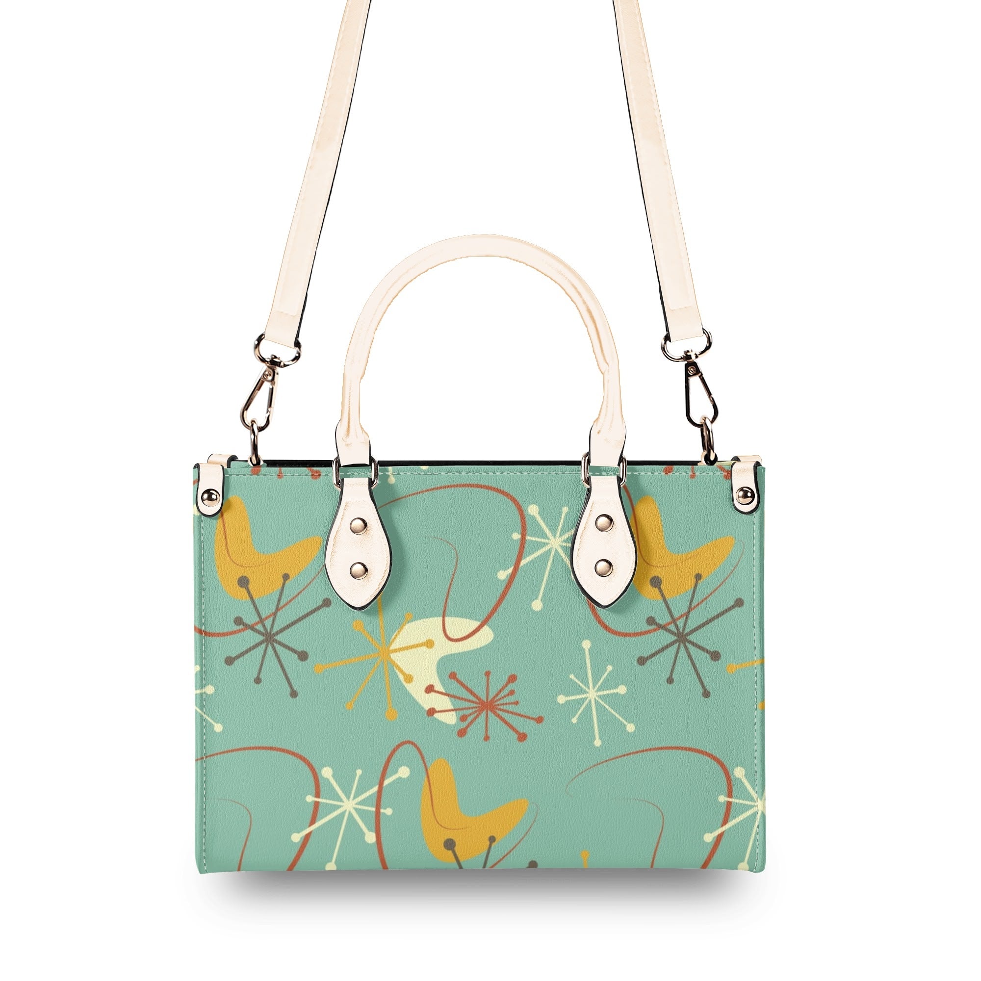 Kate McEnroe New York Mid Century Modern Handbag, Retro 50s Atomic Starburst Purse, MCM Geometric Teal Yellow Bag, Vintage Shoulder SatchelHandbagsW0Z9DO1W - 1
