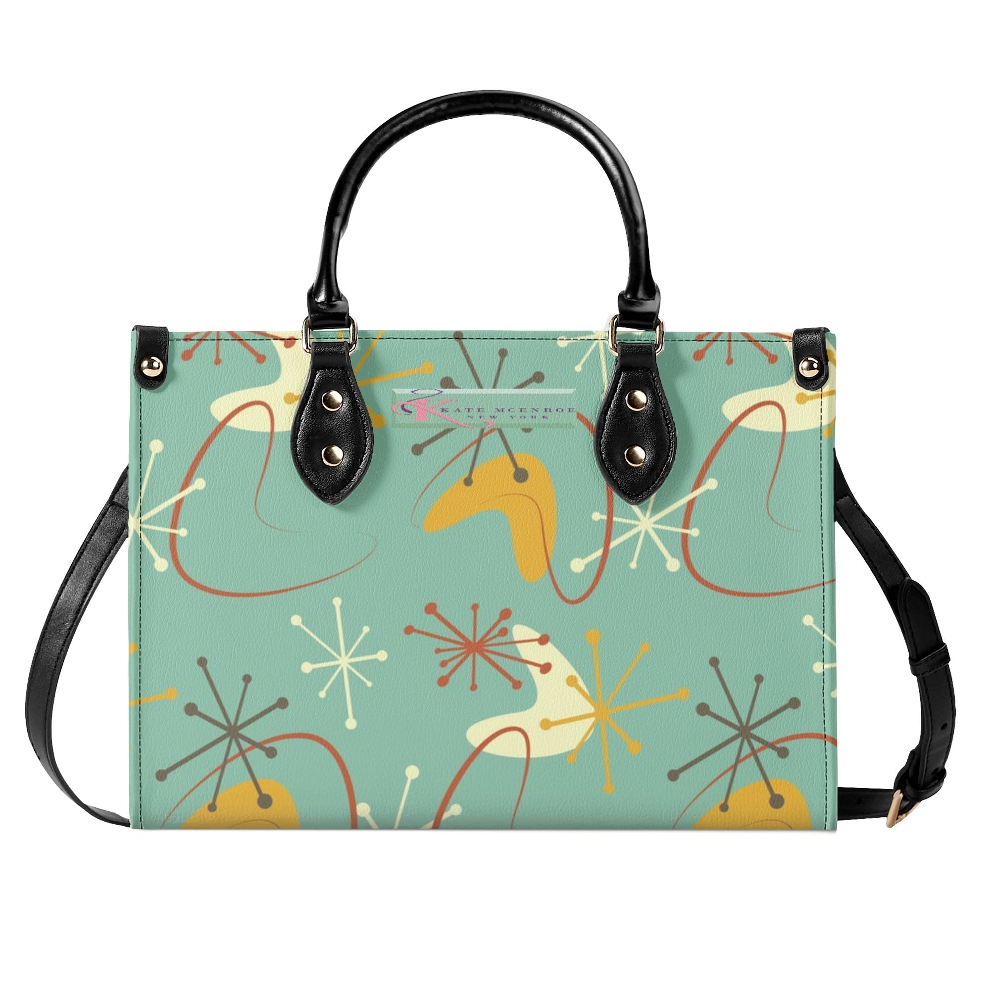 Kate McEnroe New York Mid Century Modern Handbag, Retro 50s Atomic Starburst Purse, MCM Geometric Teal Yellow Bag, Vintage Shoulder SatchelHandbagsW0Z9DO1W - 1