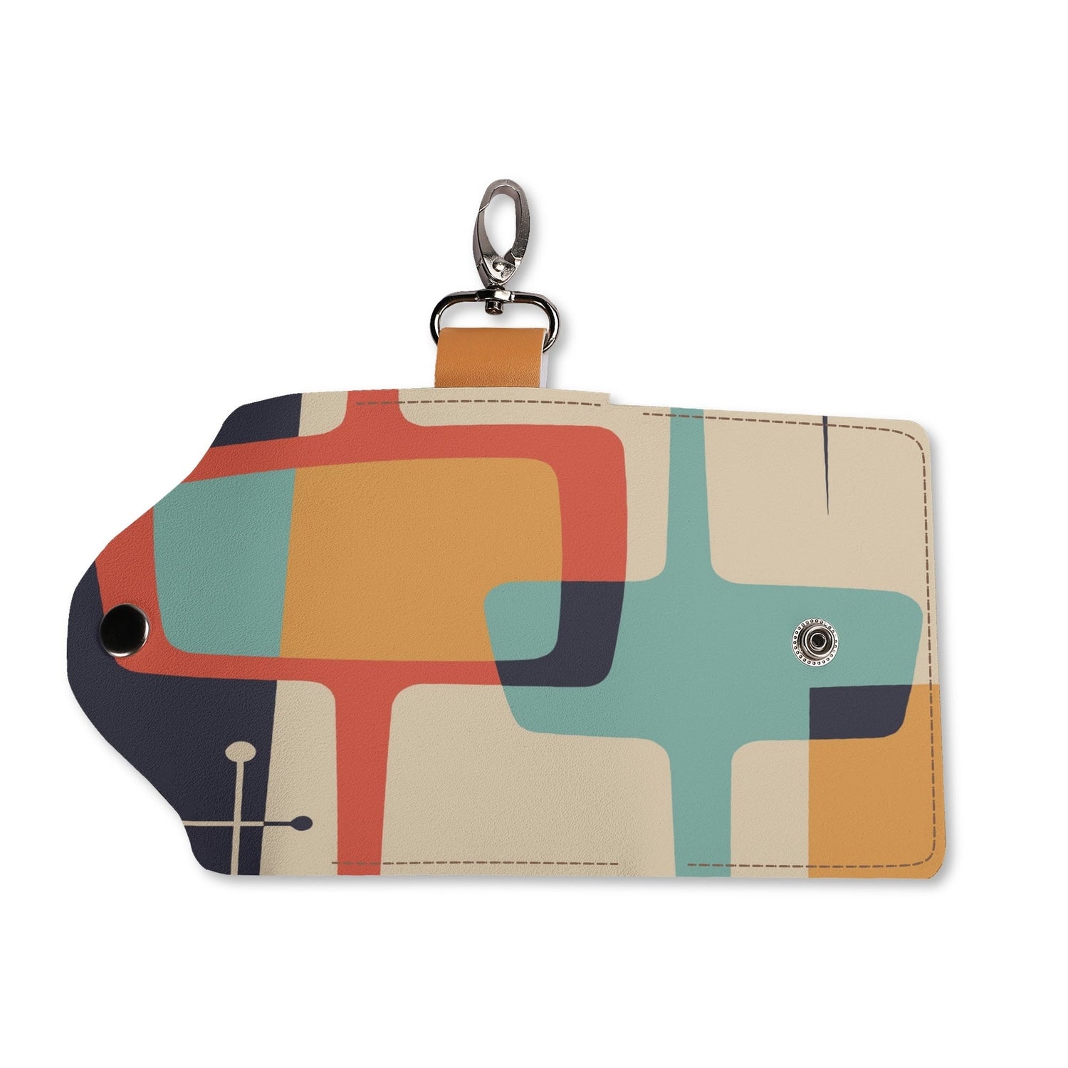 Kate McEnroe New York Mid Century Modern Keychain Wallet, Retro 50s MCM Card Holder, Geometric Teal Mustard Orange Snap Closure Keyring AccessoryKeyChain WalletWJ287LEW - 1